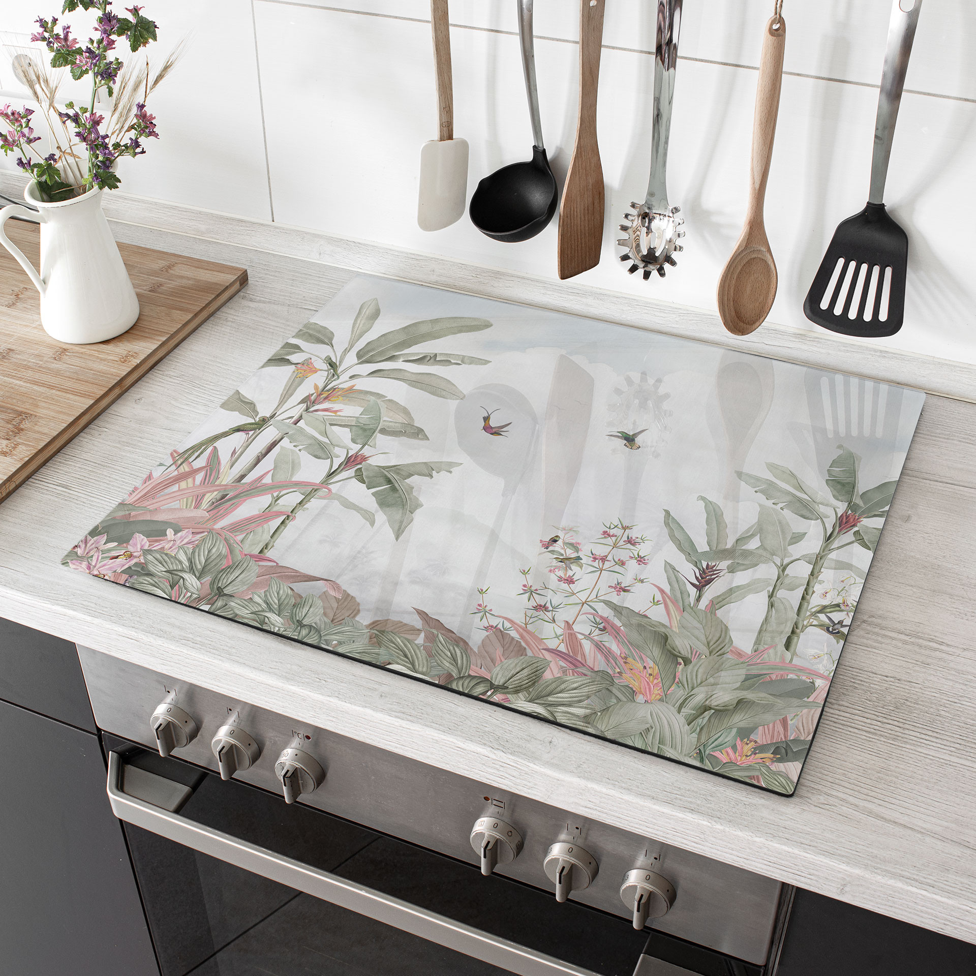 Herdabdeckplatte Tropische Idylle mit Kolibri Blau - Bloomery Decor