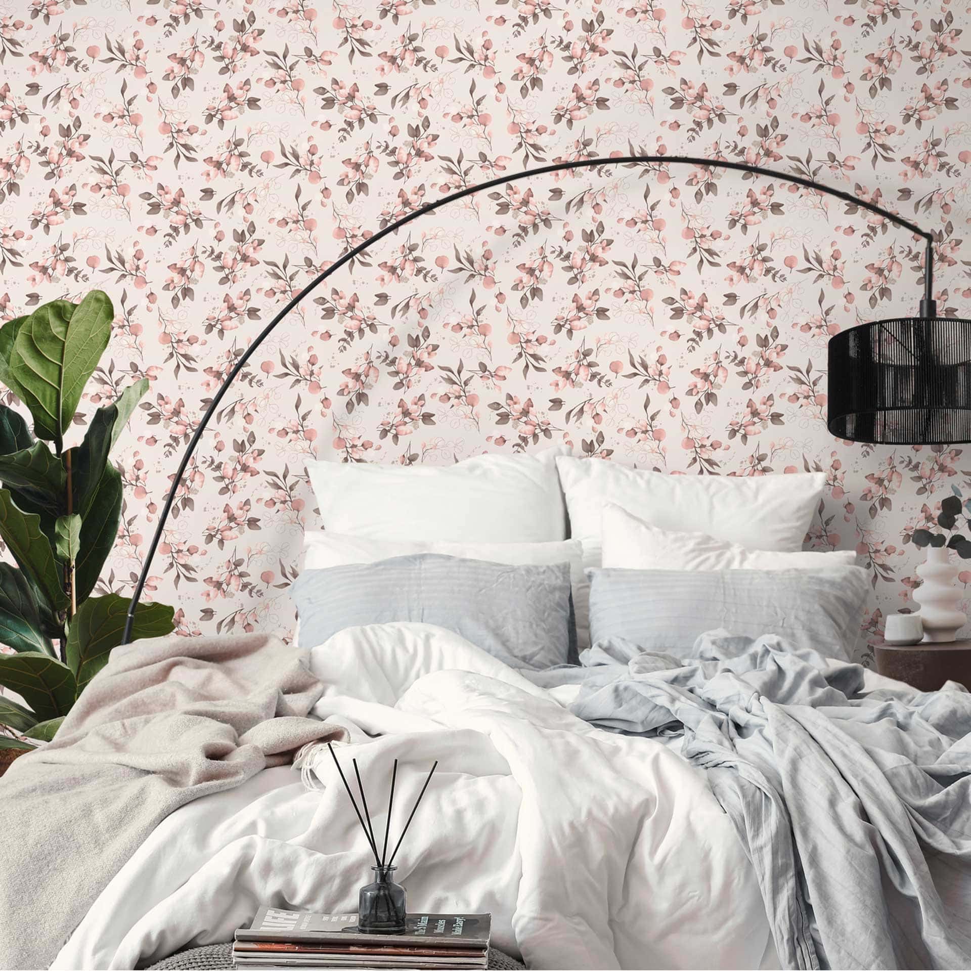 Bloemen aquarel behang roze grijs - Vliesbehang met bladeren en takjes