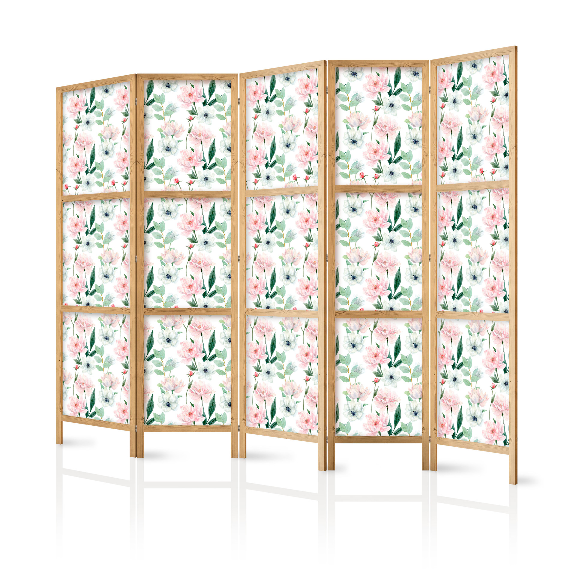 Japanischer Paravent, Raumteiler freistehend, Trennwand - Peonies on White Background