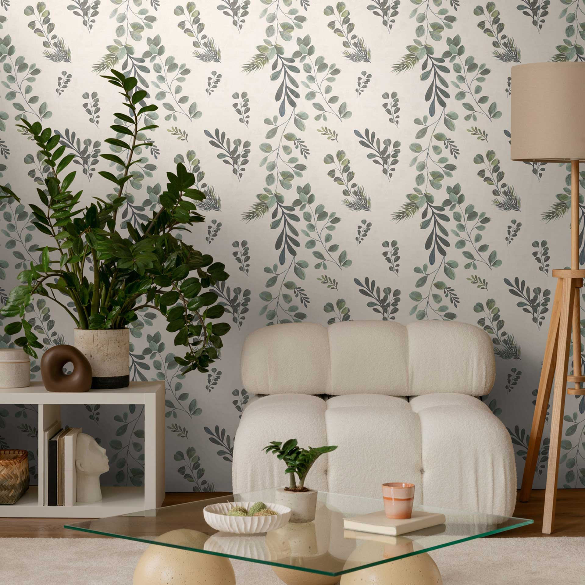Bloemen behang wit groen - takken & bladeren aquarel stijl - Vliesbehang naturel