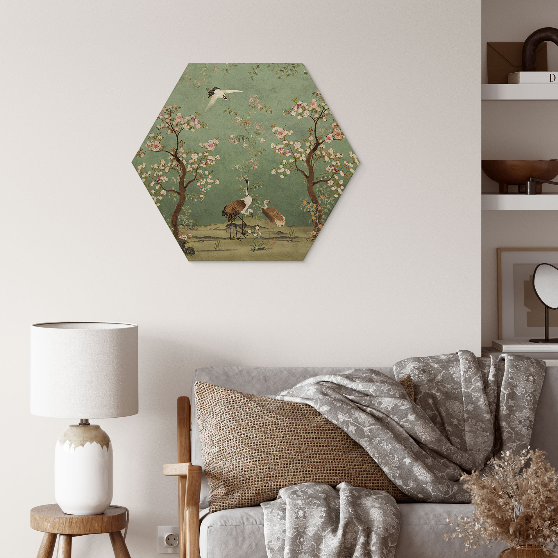 Sekskantede billeder af træ i blomsterlandskab - Bloomery Decor