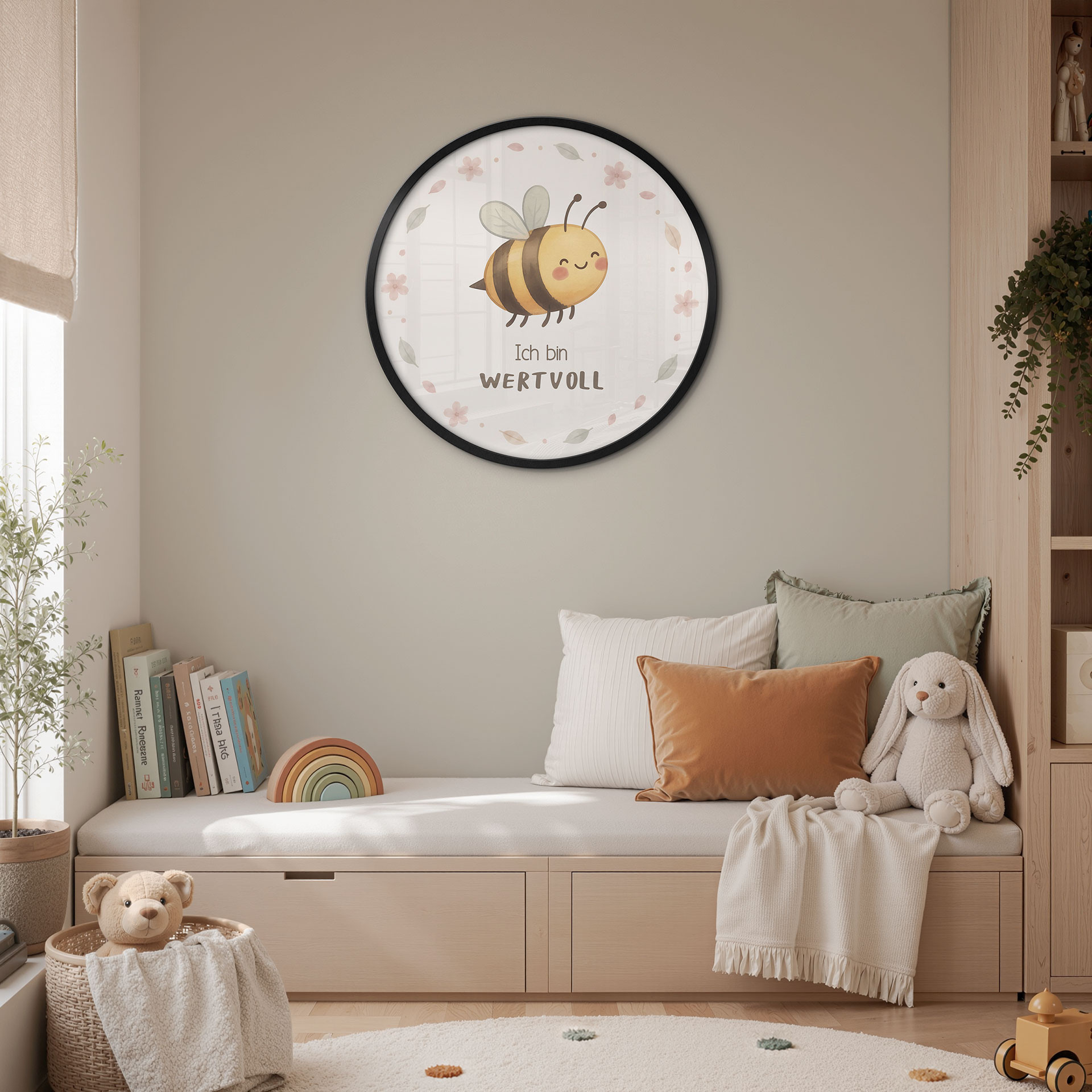 Rundes Affirmationsposter 'Ich bin wertvoll' mit Biene fürs Kinderzimmer