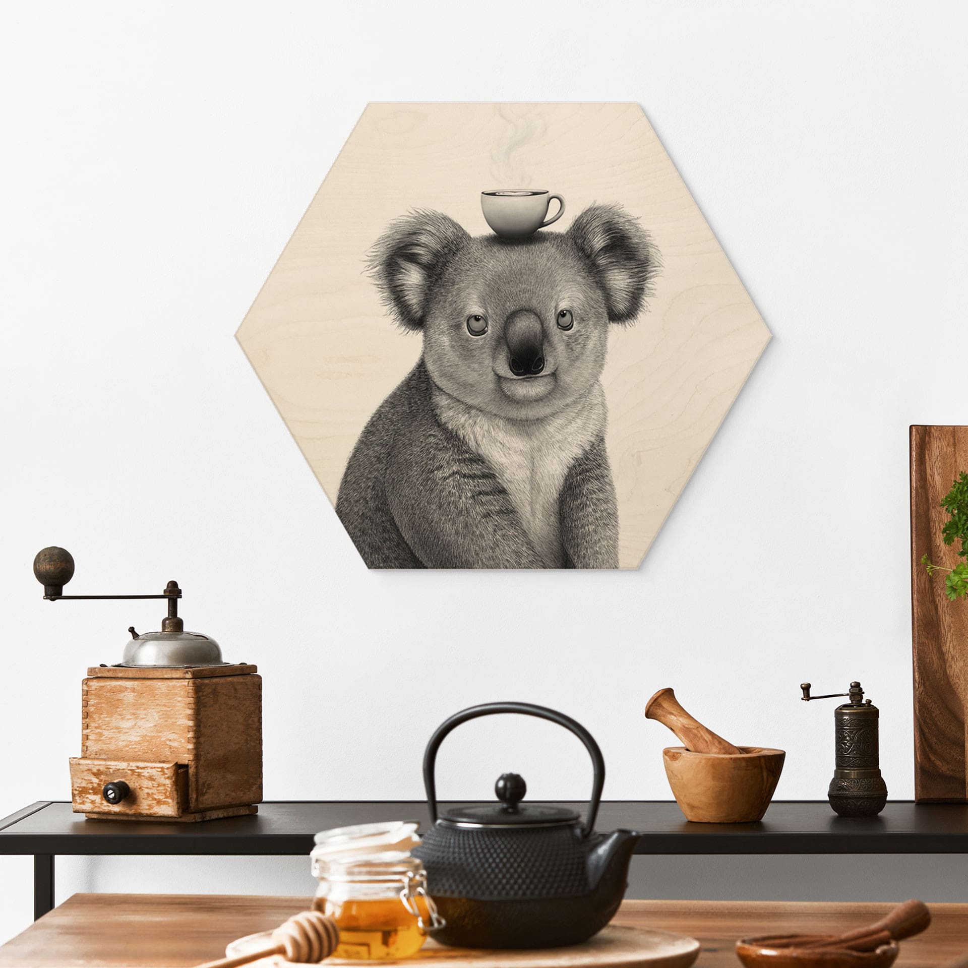 Hexagon Billede af træ Koala med kaffe - Korenkova