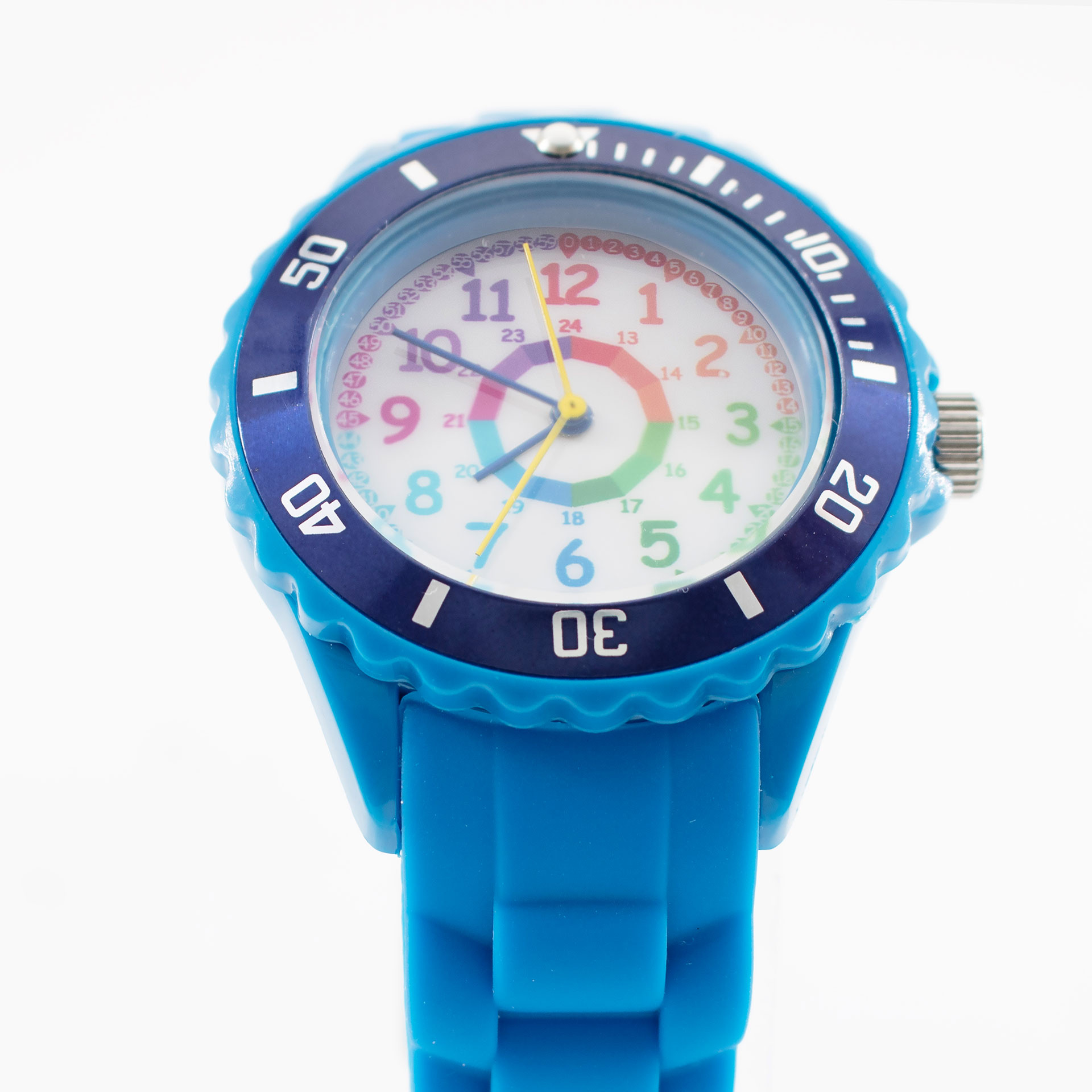 Kinder Armbanduhr - Lernuhr analog aus Silikon - Blau mit Regenbogen Zifferblatt