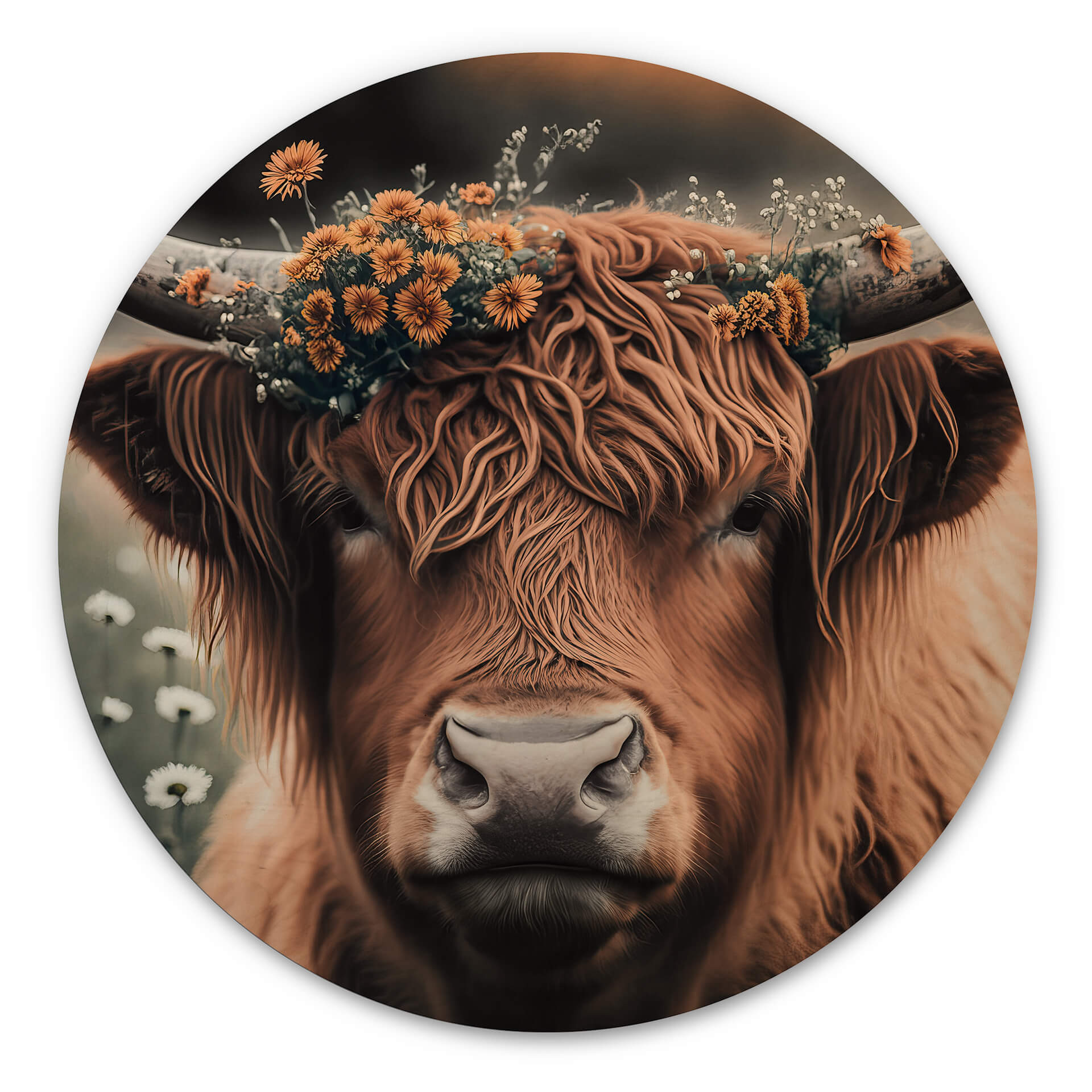 Stampa su legno Treechild - Mucca delle Highlands con corona di fiori - Rotonda