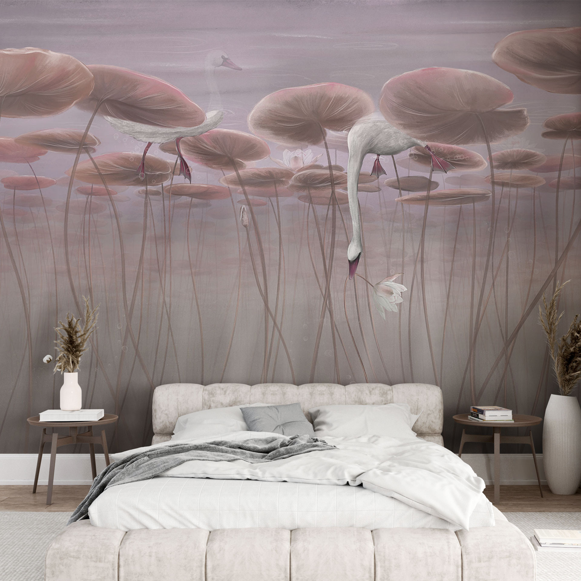 Natuur Fotobehang lotusbloemen met zwaan in het water in donkerroze - Ms Tiff