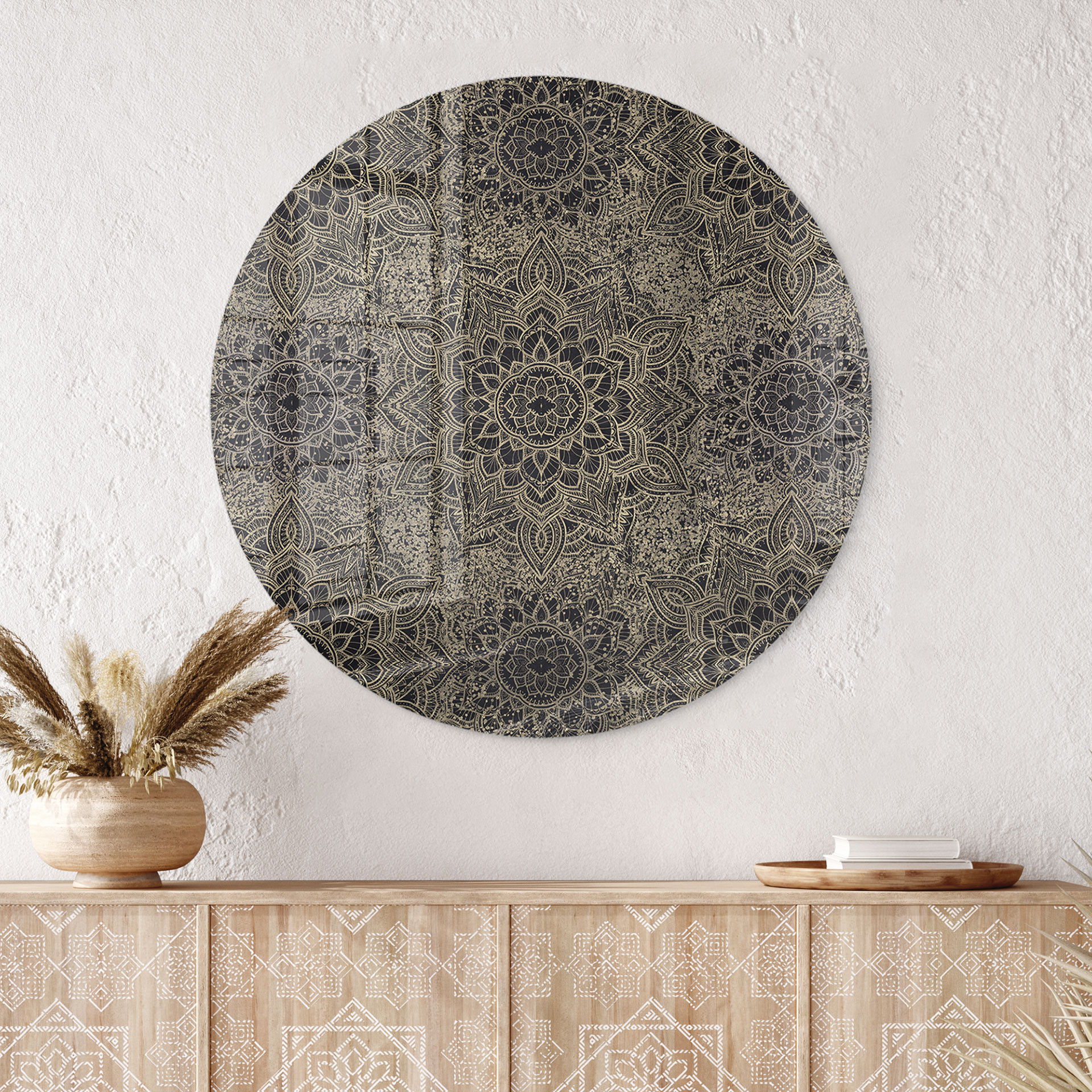 Glasbillede - Mandala Boho Antique Gold - Bloomery Decor - Round