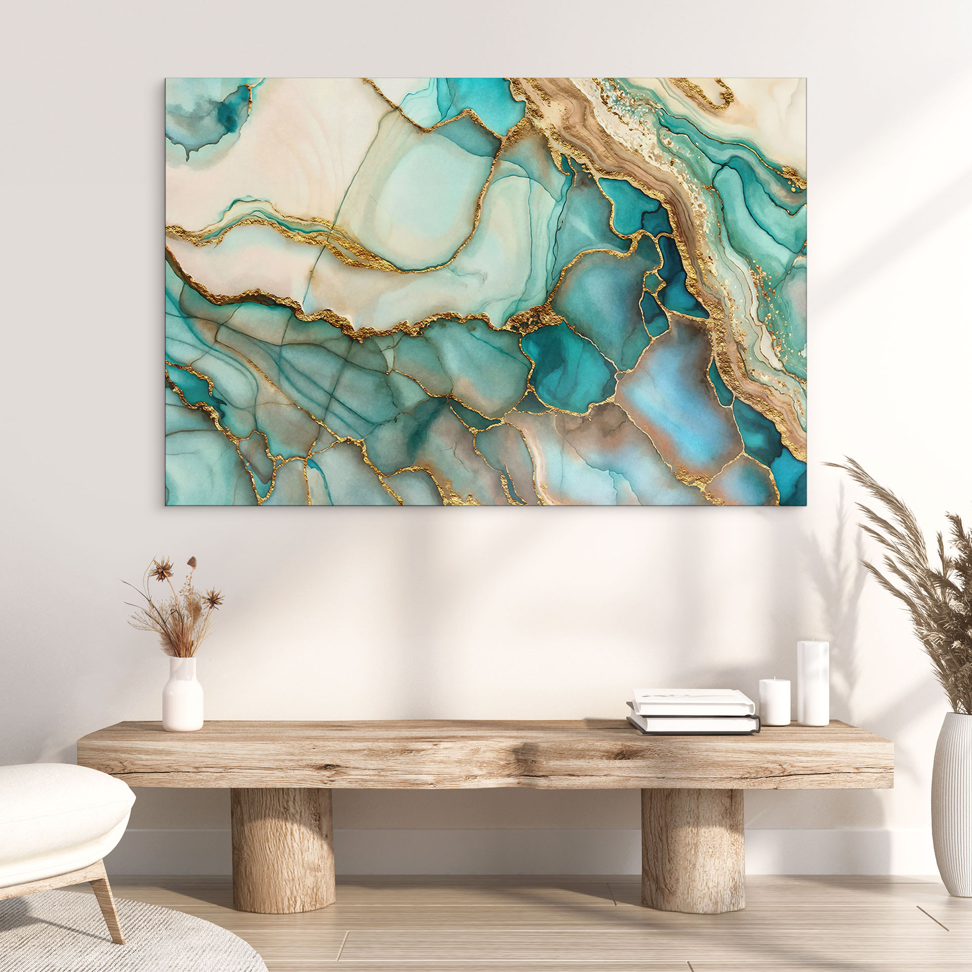 Wandbild Marmorierte Wellen in Türkis und Gold - Haase - Alu-Dibond