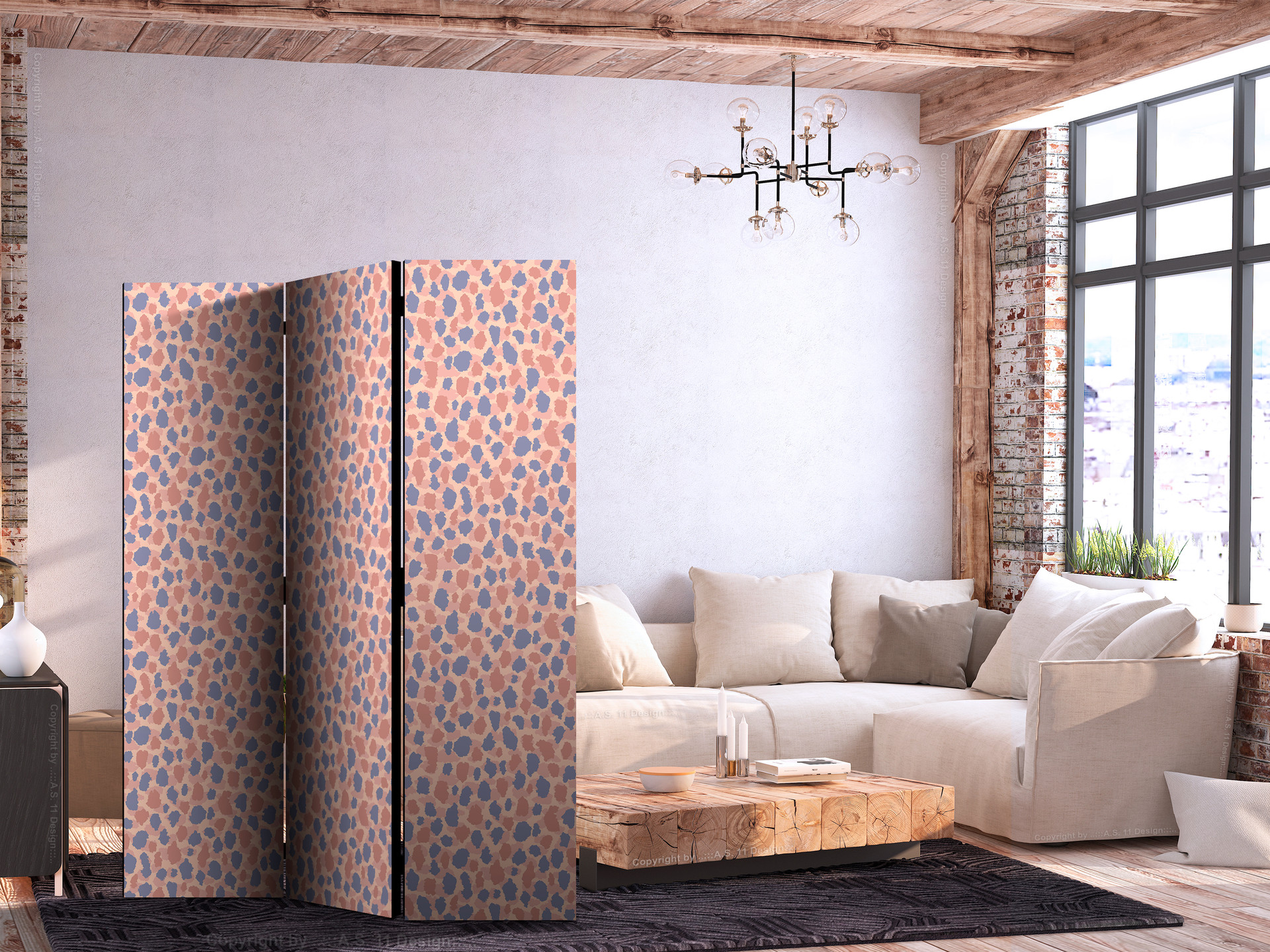 Paravent, Raumteiler freistehend, Trennwand - Giraffe Pattern - Colorful Animal Pattern in Blue-Pink