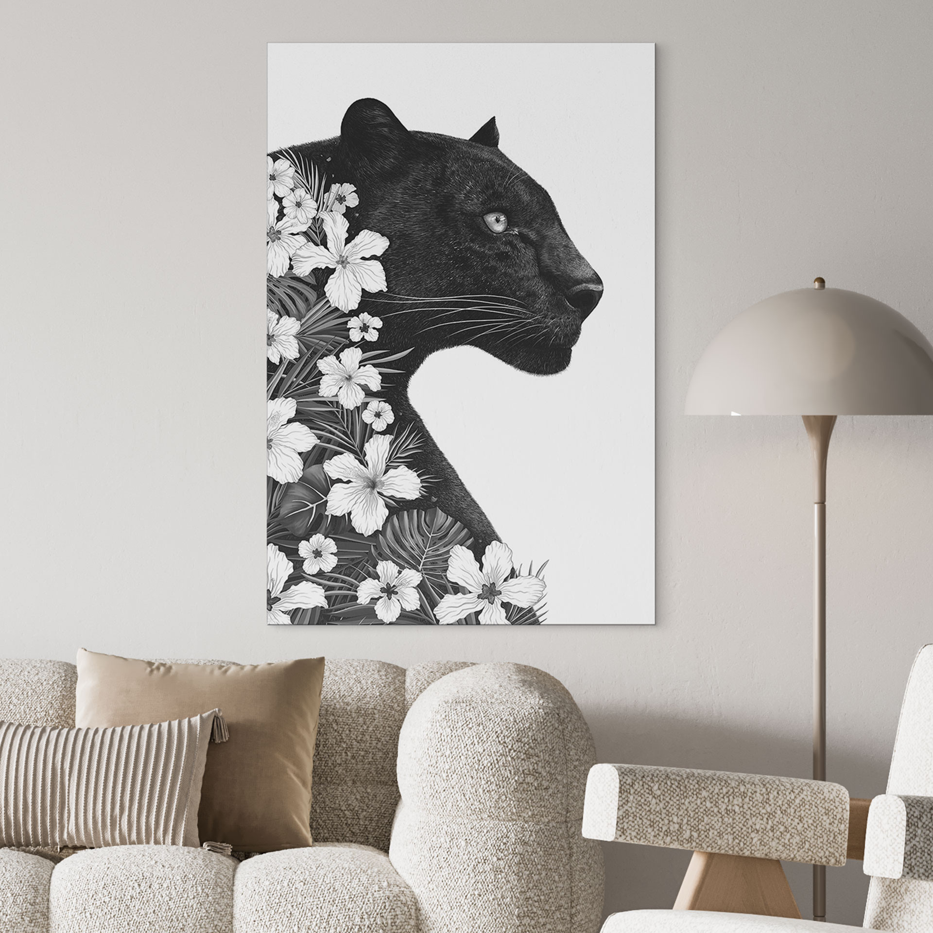 Fototapet Sort panter med hvide blomster - Korenkova – print på aluminium (Alu-Dibond)