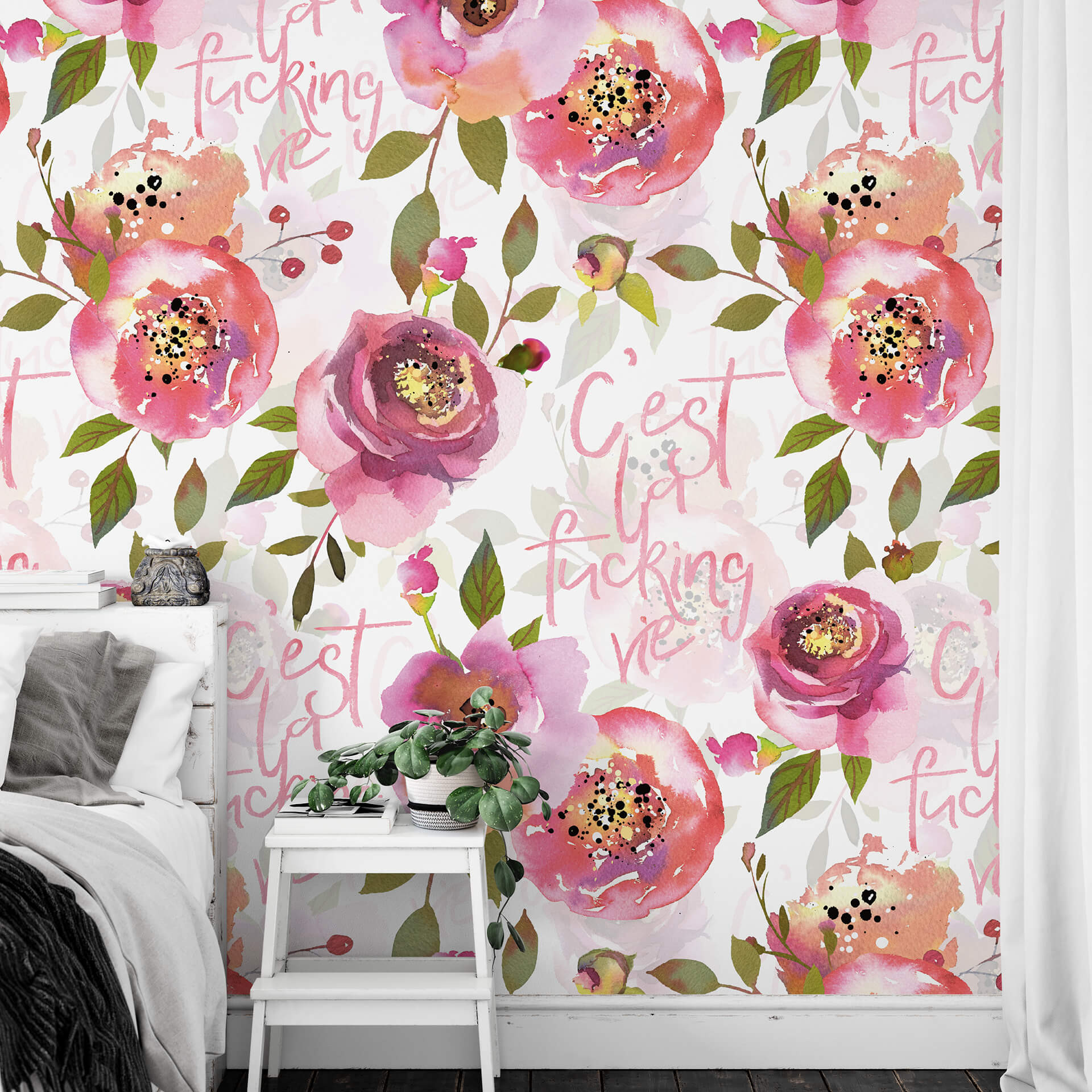 Patroonbehang UN Designs - Aquarel Bloemen C'est la fucking vie