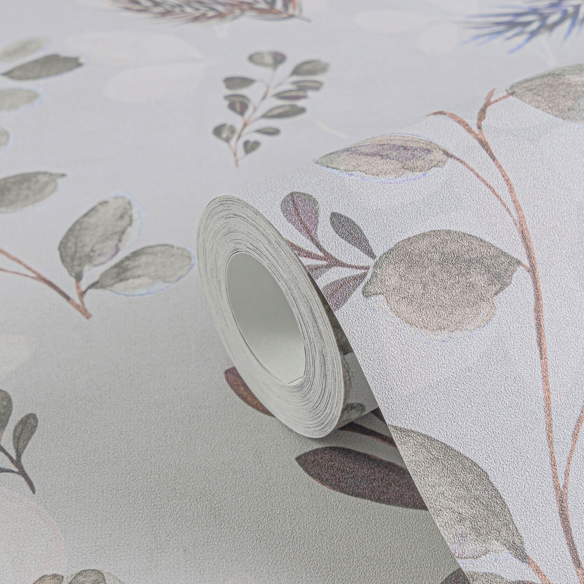 Bloemen behang grijs roze - takken & bladeren aquarel look - Vliesbehang modern