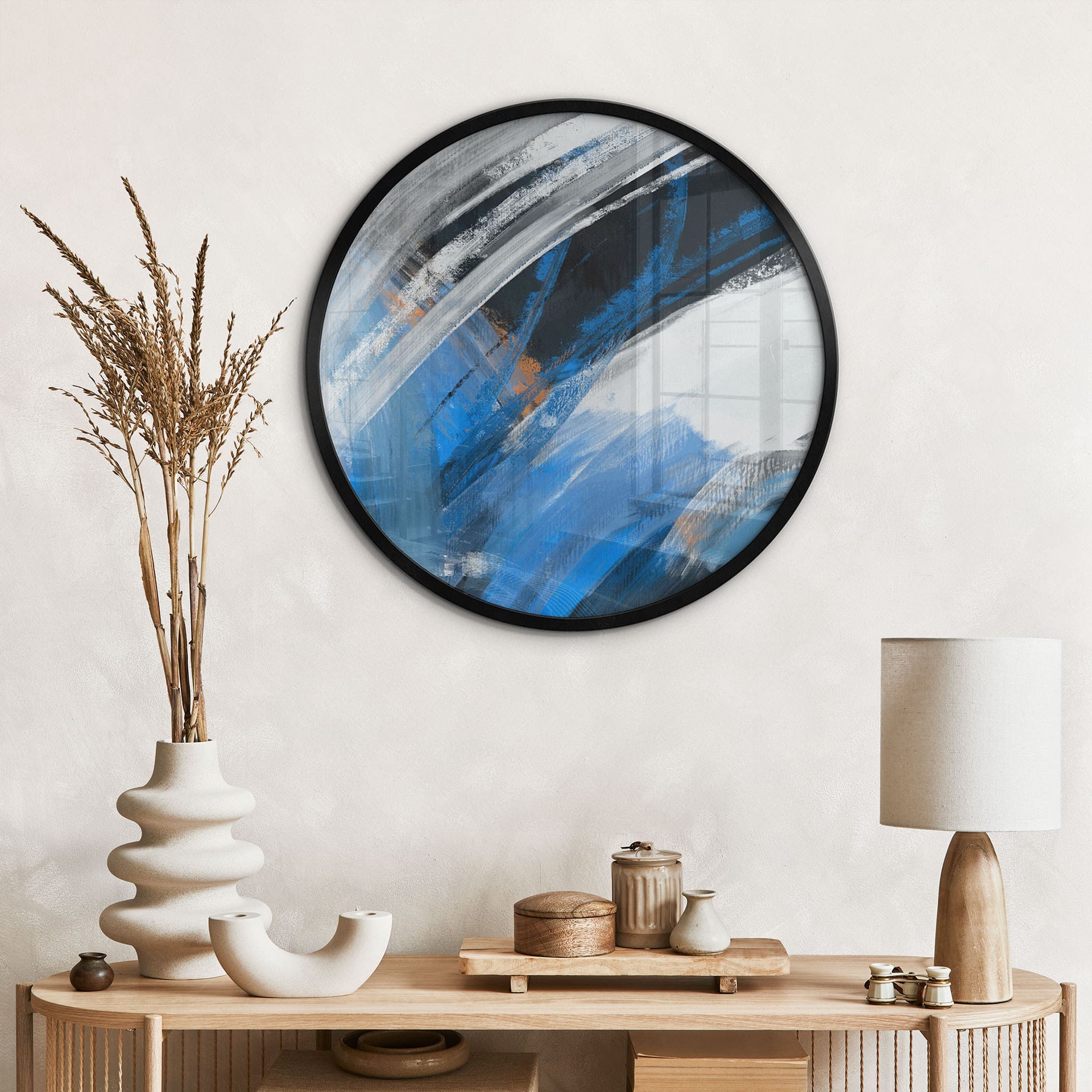 Poster Blauwe Penseelstreken Abstract - Cheney - Rond