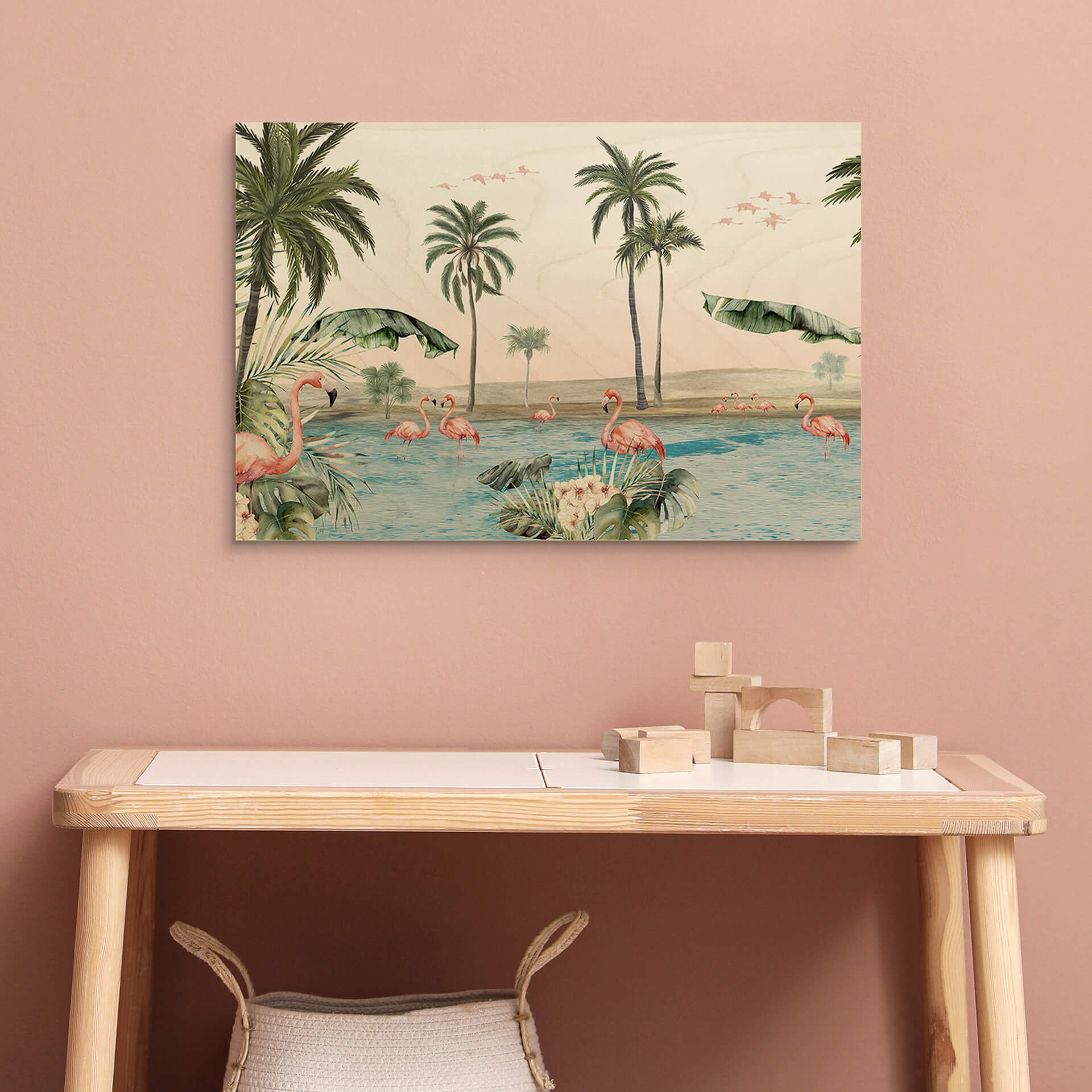 Plakat drewniany Kikki Belle - Flamingo oasis