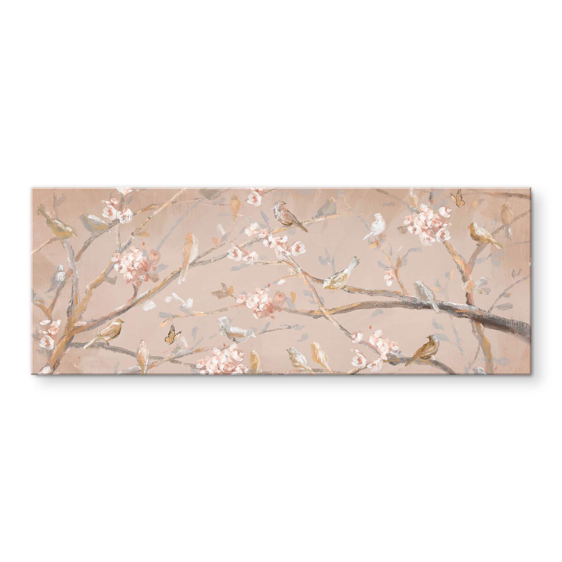 Acrylglasbild Vögel auf Kirschblüten - Cheney - Panorama
