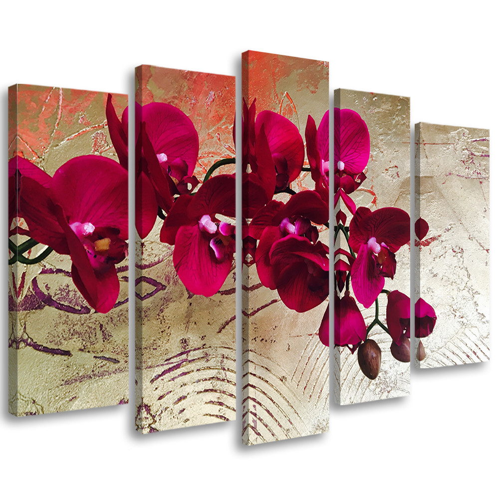 5 stykke lærredsprint, Orchid Flowers Pink