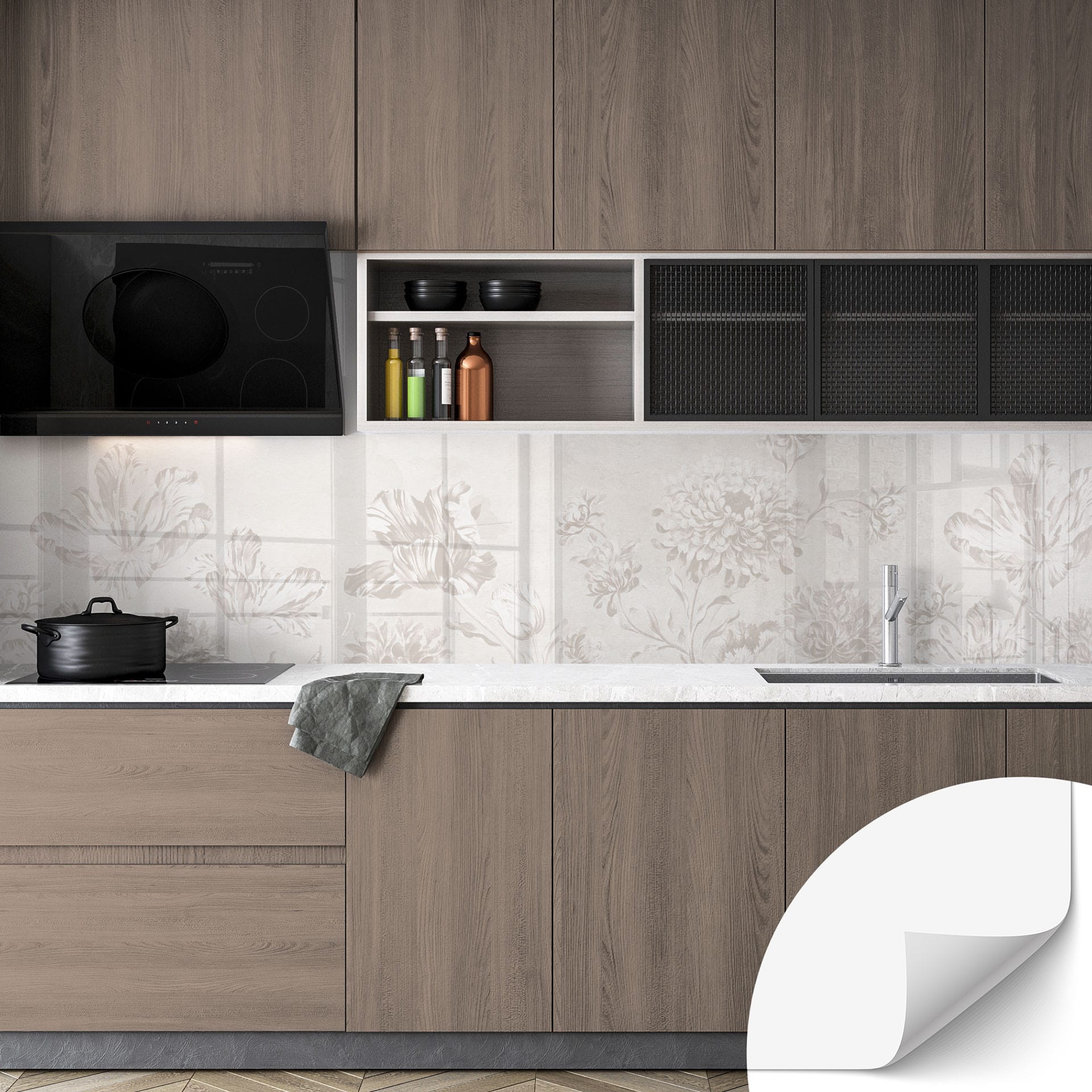 Samoprzylepny panel ścienny do kuchni z polnymi kwiatami w kredowym kolorze Greige - Bloomery Decor