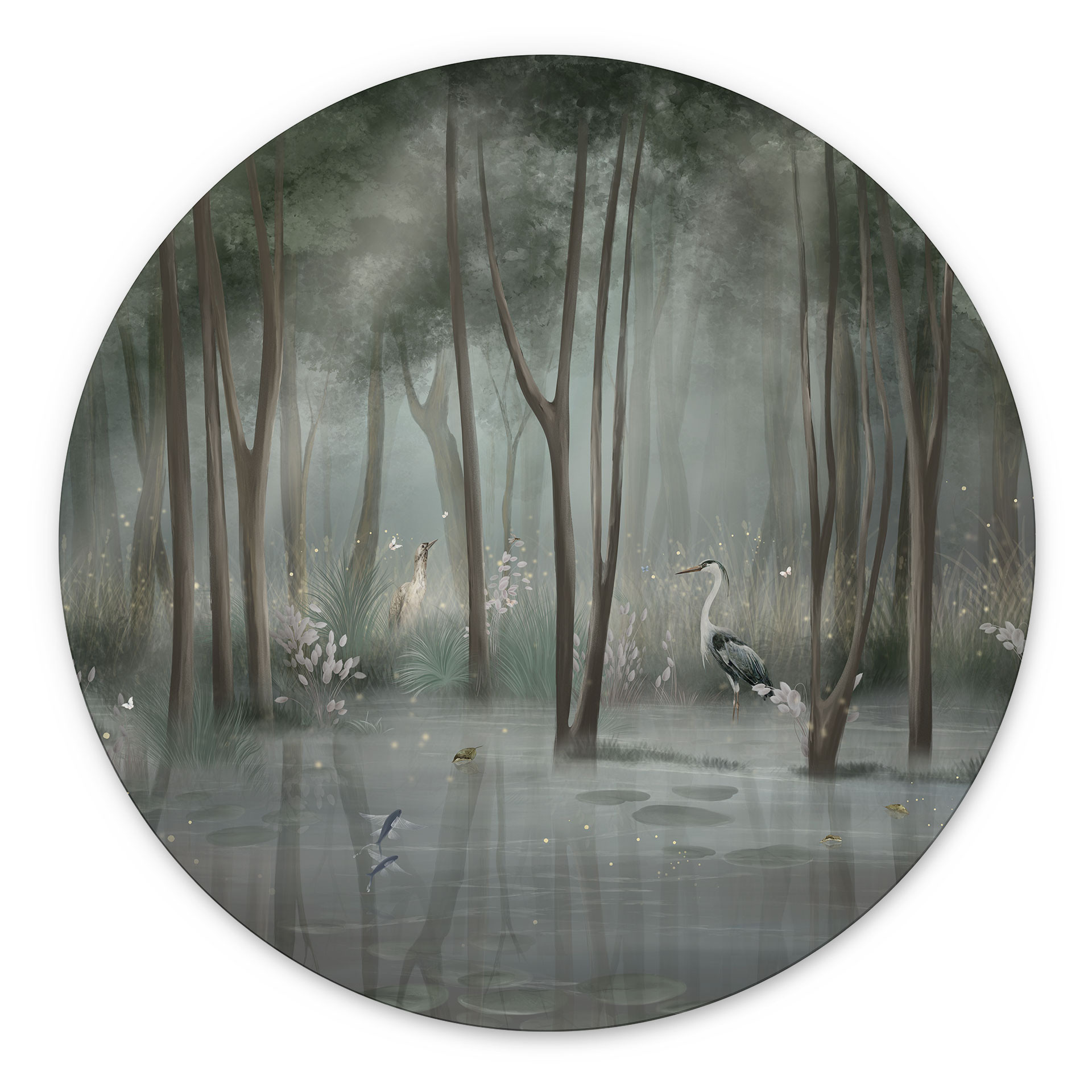 Wanddecoratie nevelwoud aan het meer met reiger in het groen - Ms Tiff - Alu-Dibond Rond