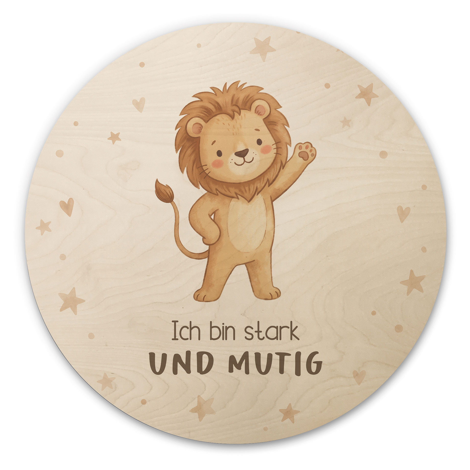 Rundes Holzbild mit Löwe - 'Ich bin stark und mutig'