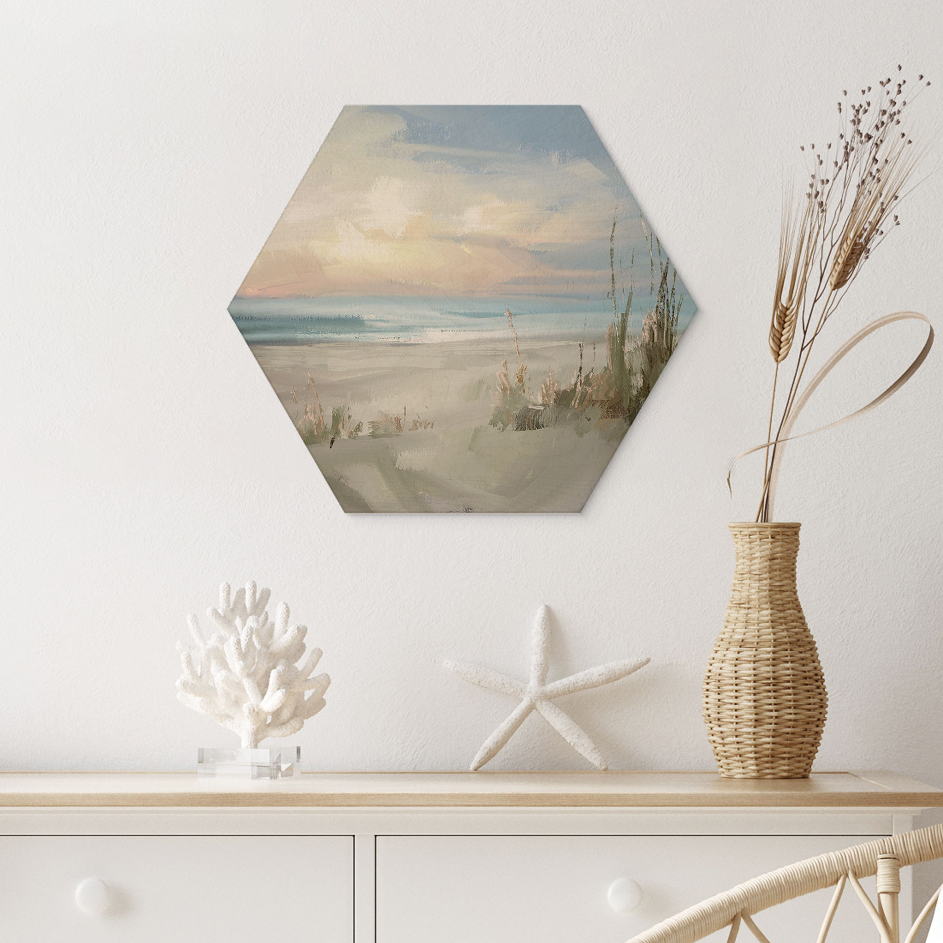 Hexagon Houten Wanddecoratie Rustig strand in pastelkleuren - Cheney