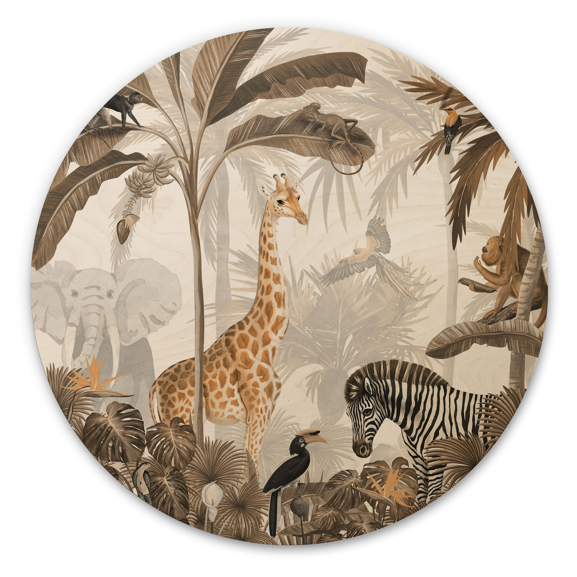 Obraz drewniany Kikki Belle - Jungle Jive - Sepia - Okrągły