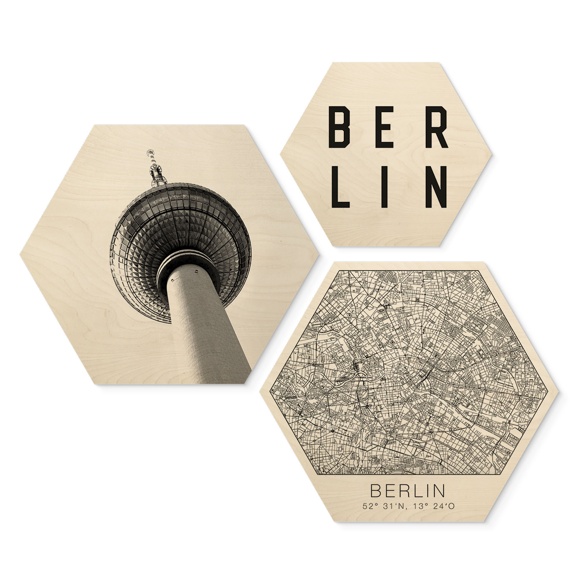 Hexagon - Holz Birke-Furnier - Typisch Berlin (3-teilig)