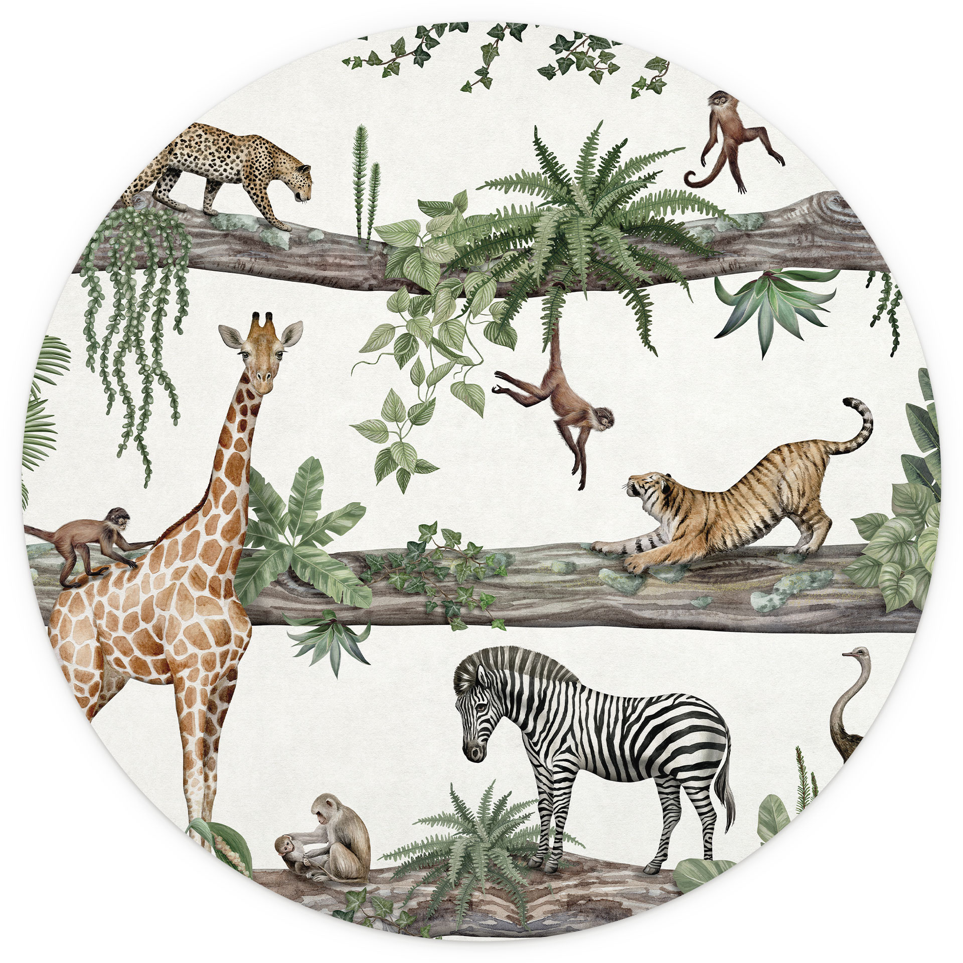 Jungle Fotobehang Afrikaanse dieren in de jungle - Kikki Belle - Rond - zelfklevend/niet-geweven