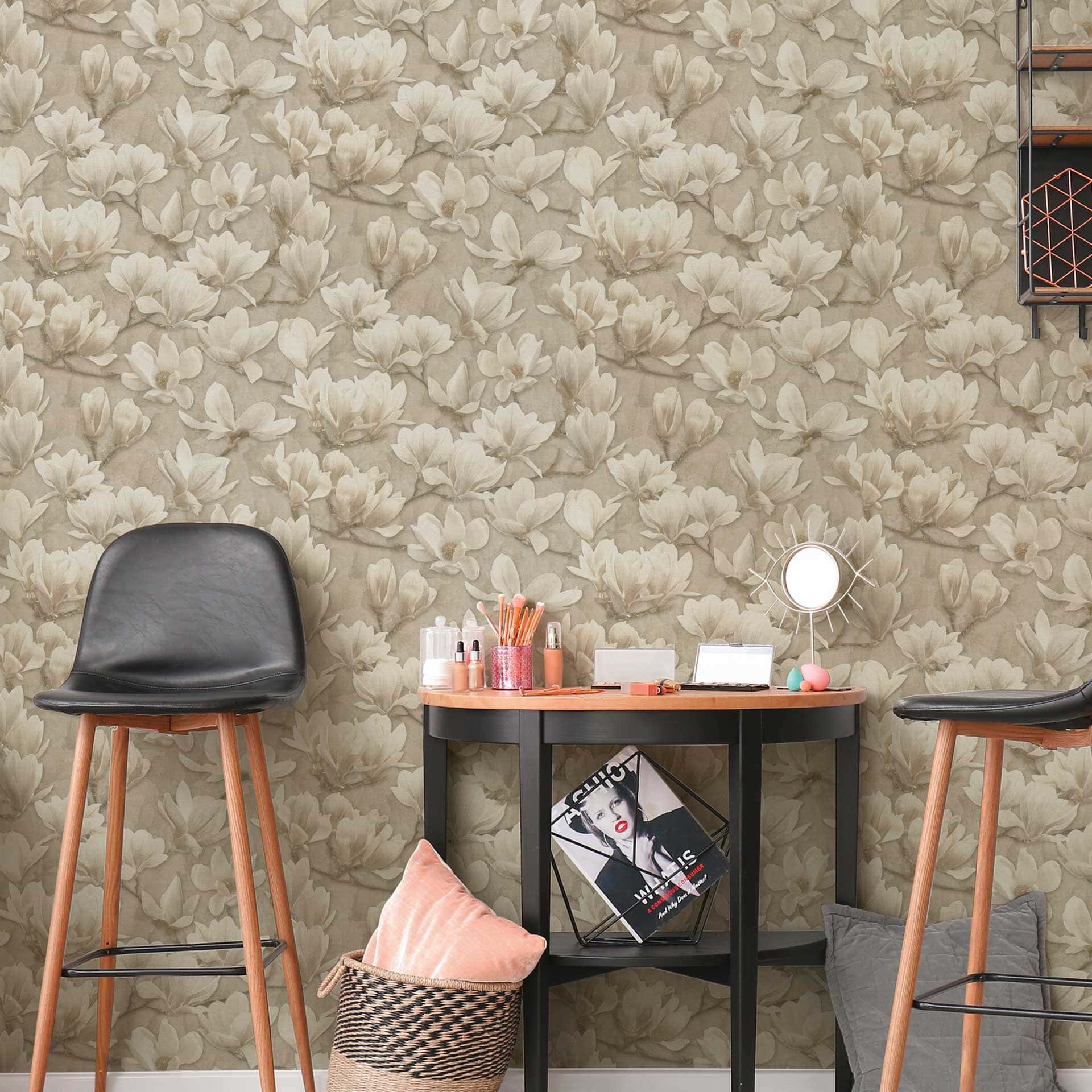 Magnolien-Tapete Beige Creme - Vliestapete mit floraler Musterung