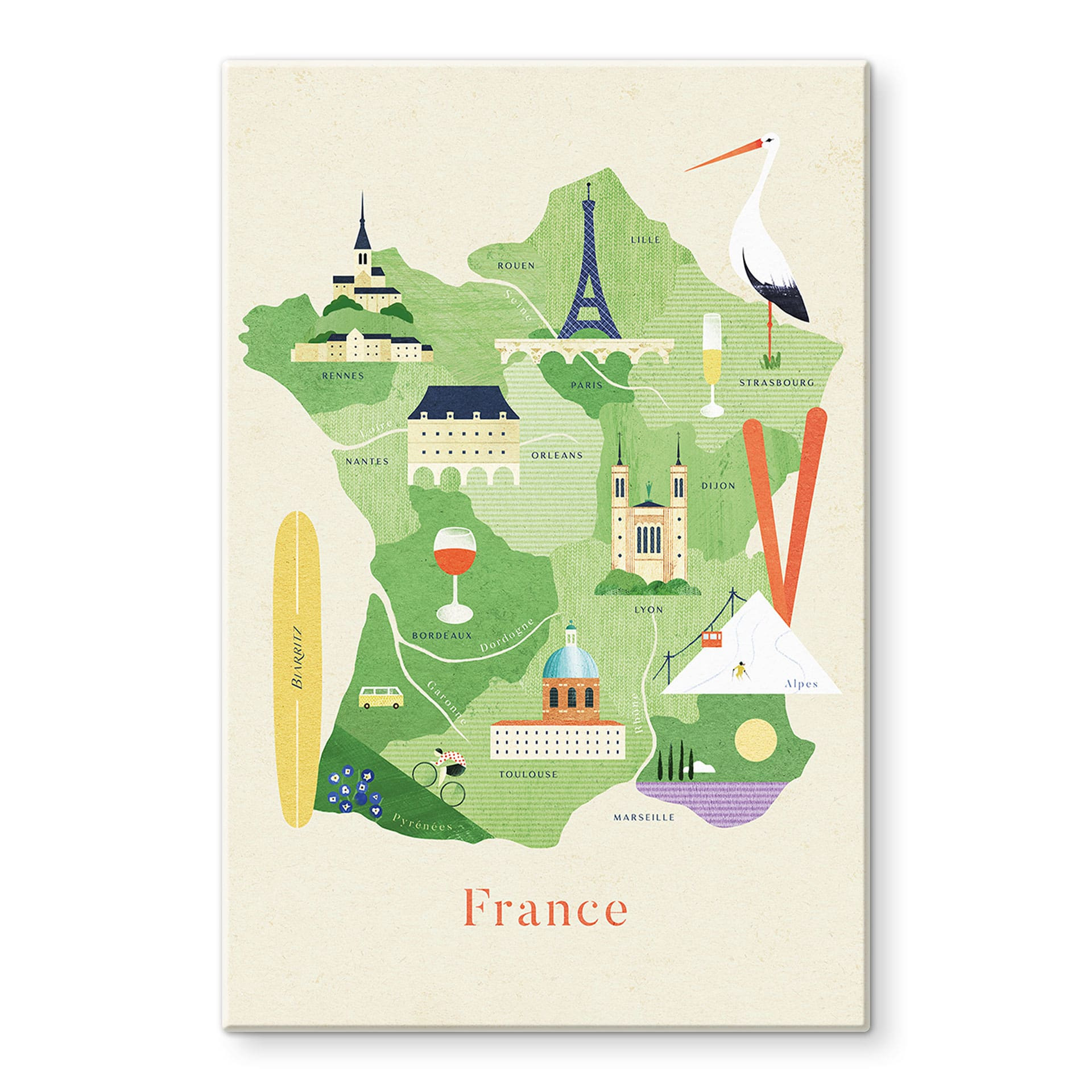 Glasbild Karte von Frankreich - Rivers