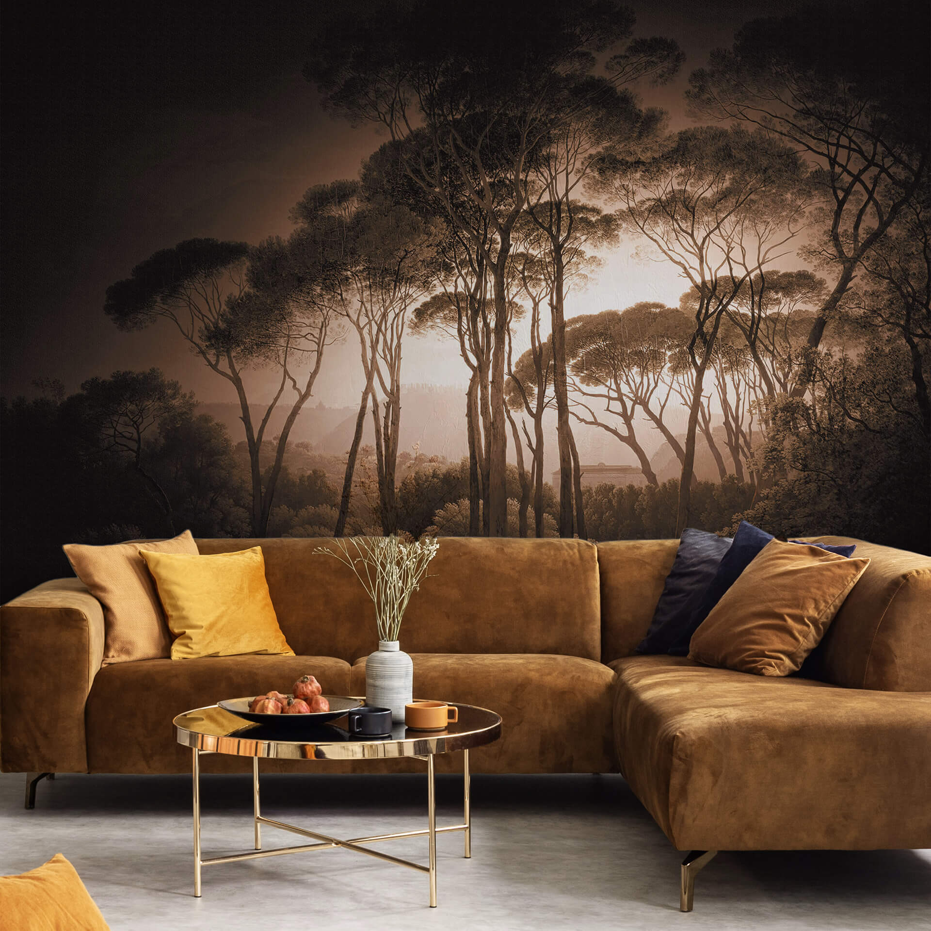 Fotobehang Parasoldennen in Italiaans Landschap - Sepia