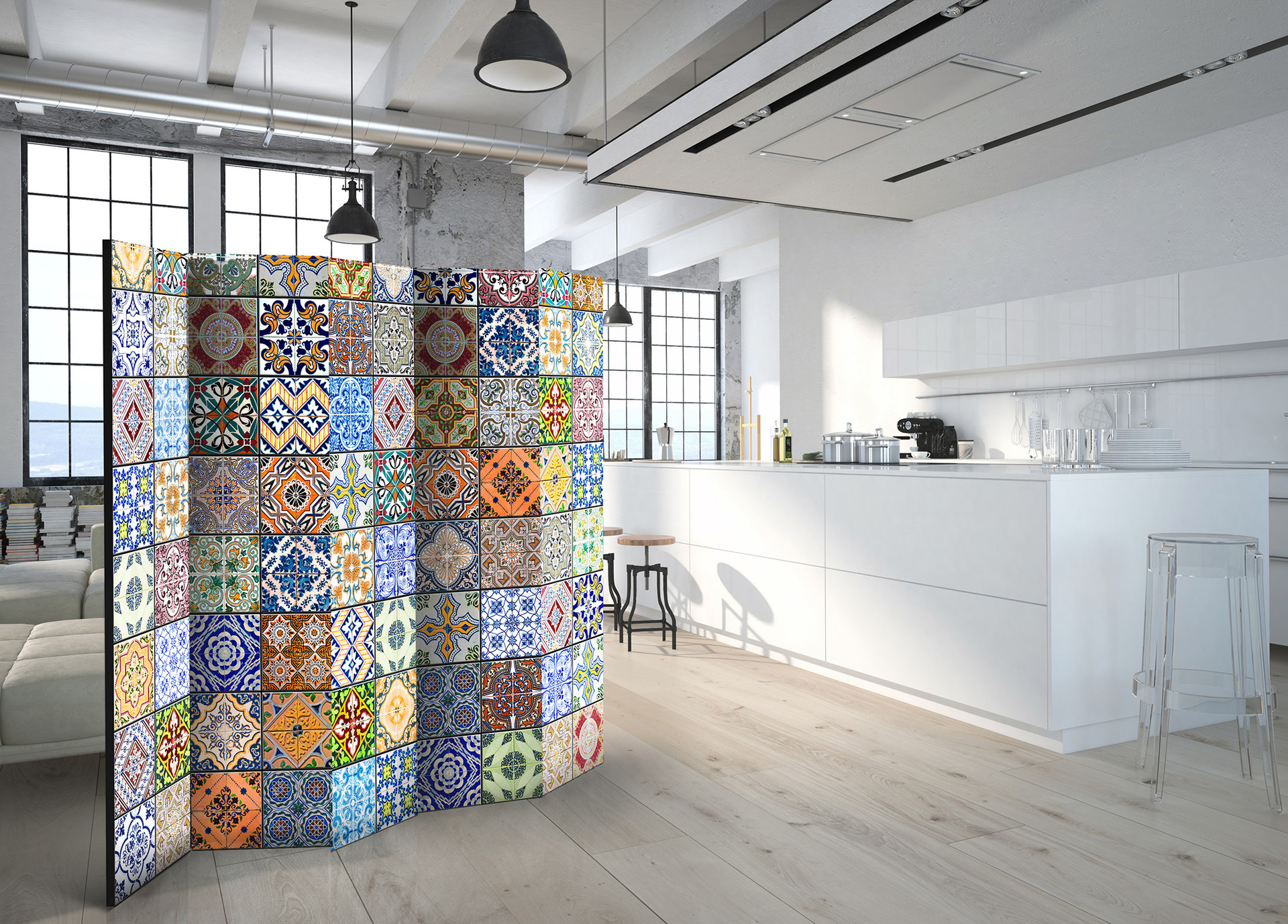 Rumdeler - Farverig mosaik, 5-delt - 225x172 cm