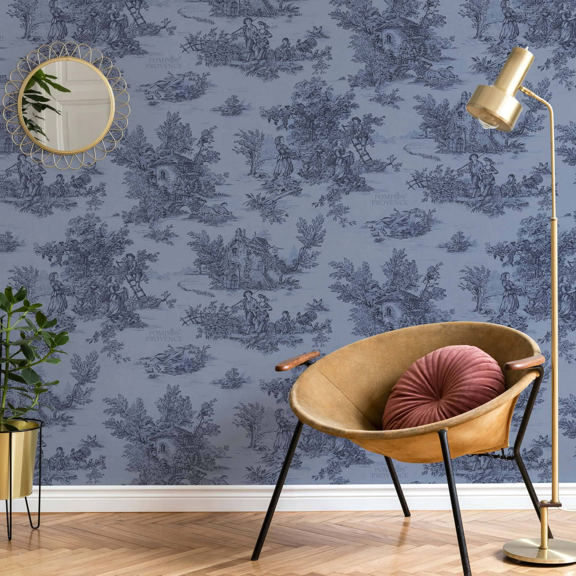 Vliesbehang landschap, mensen grafisch klassiek mat in blauw