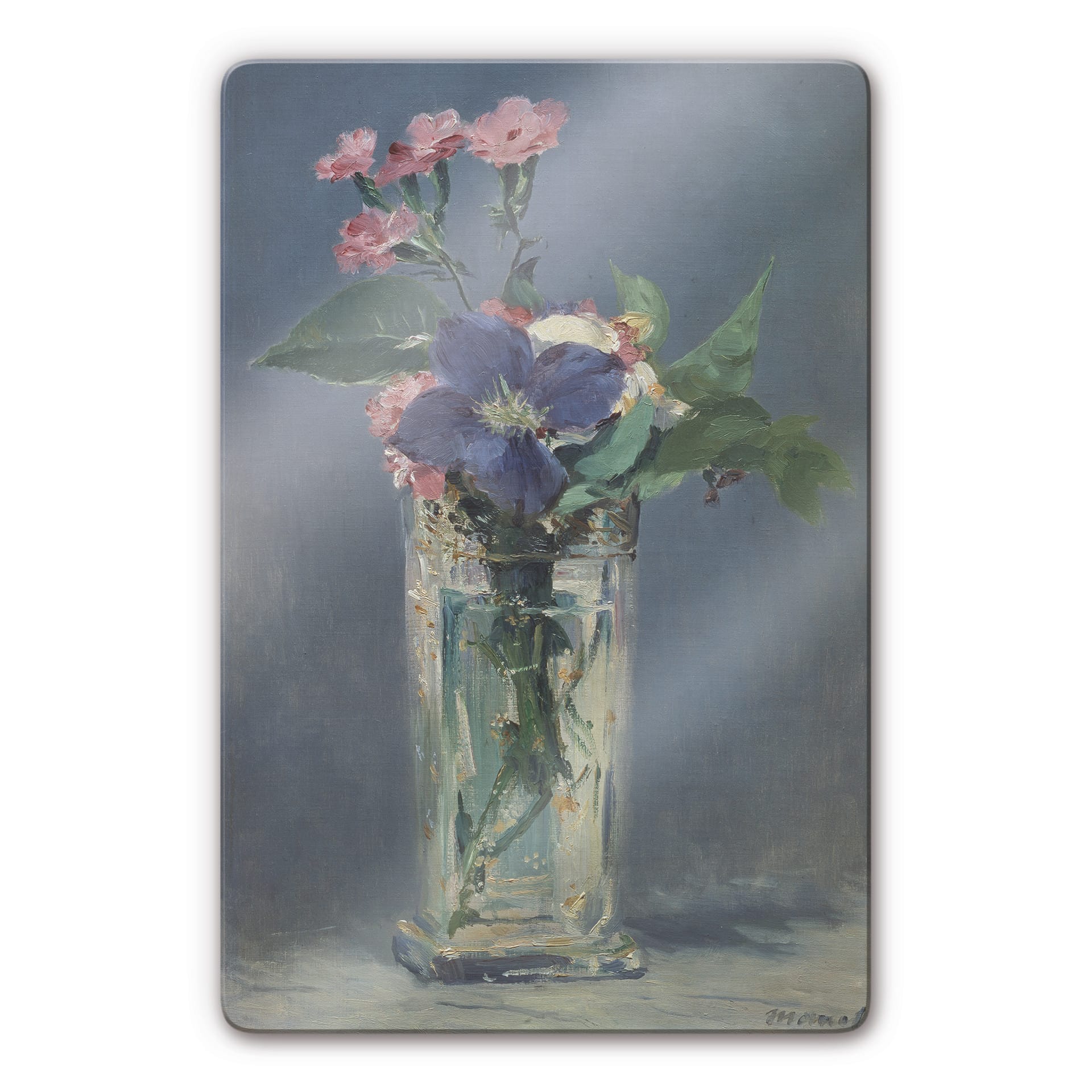 Tableau en verre - Manet - Oeillets et clematite dans un vase de cristal