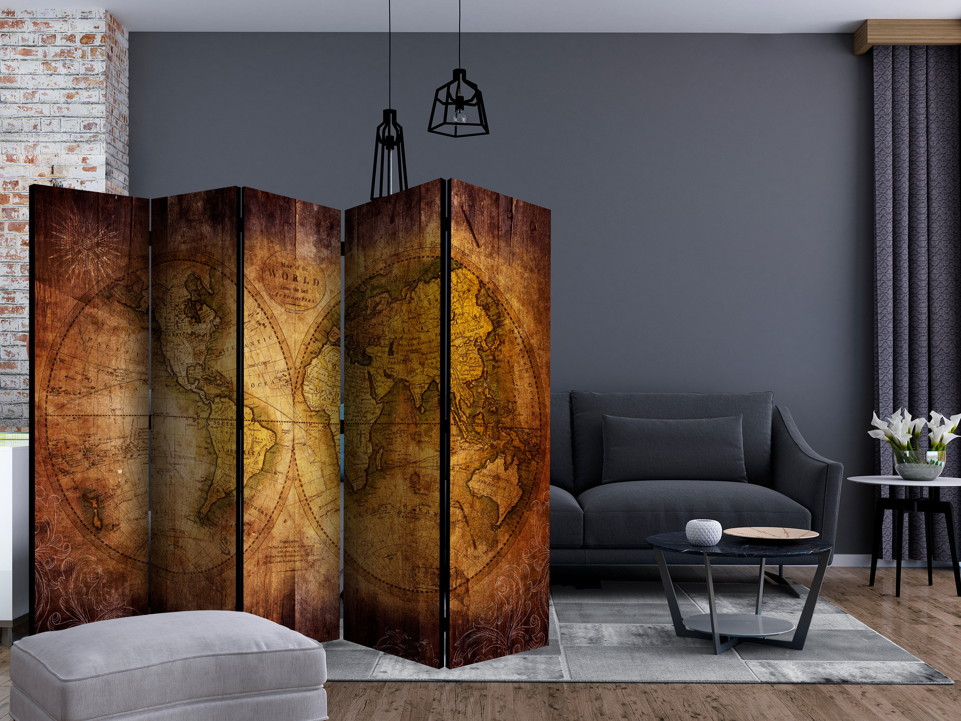 Rumdeler - Verdenskort - Verden på gammelt kort , 5-delt - 225x172 cm
