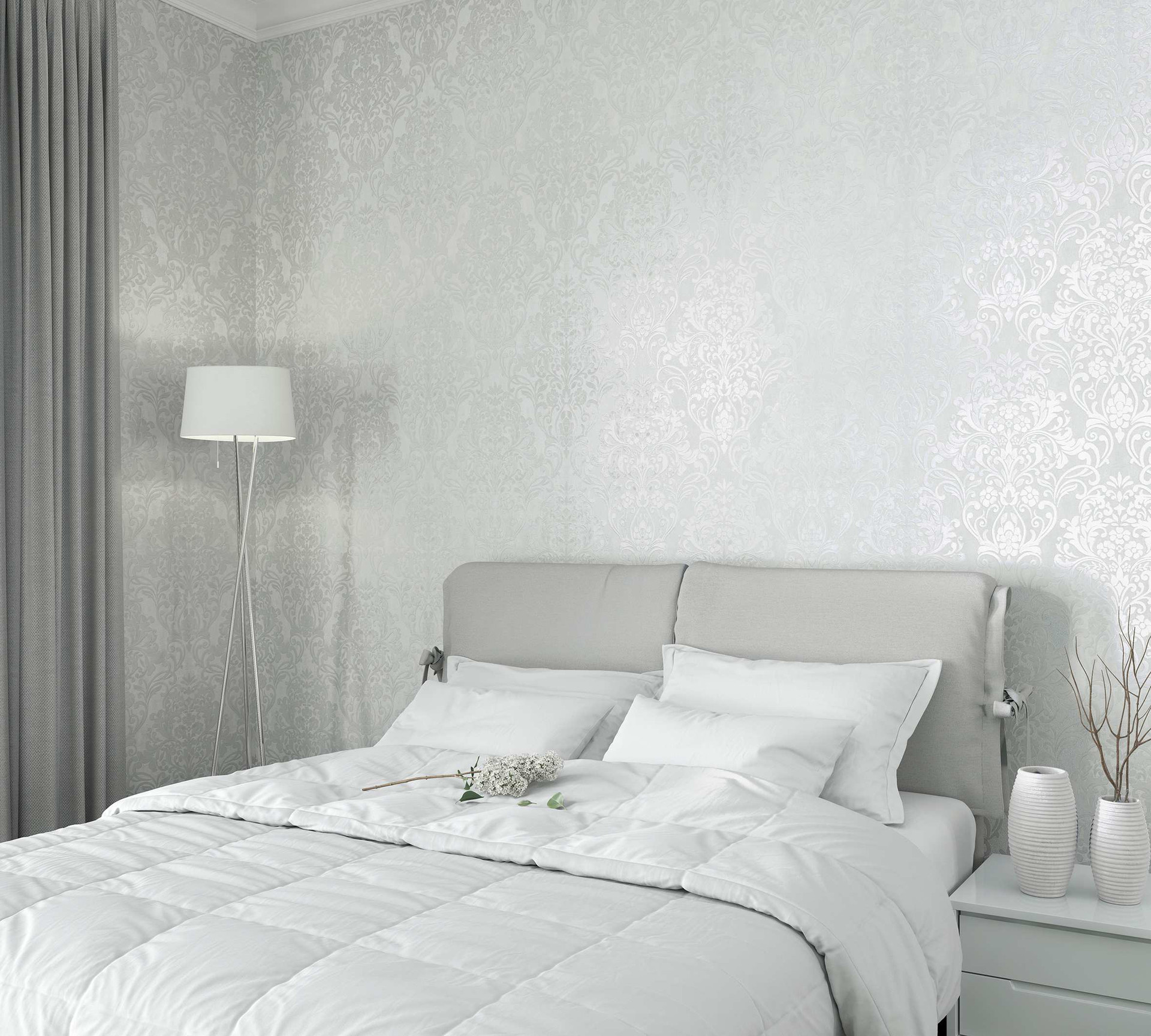 Vliesbehang met sierlijke damast motieven grijs ornamental