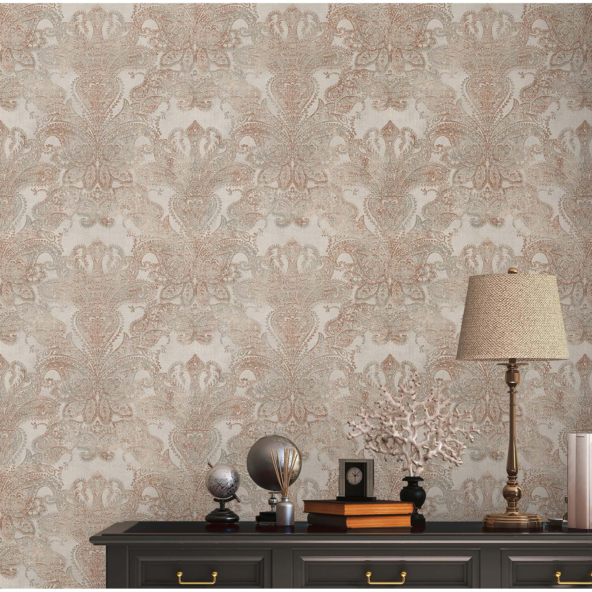 Vintage barok behang beige, grijs, roodbruin - vliesbehang met ornamenten