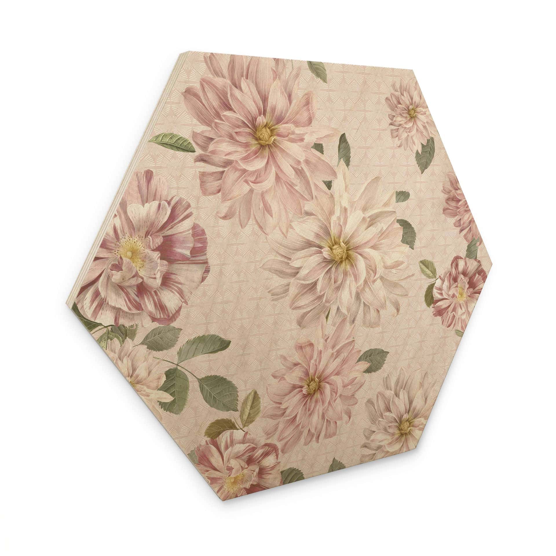 Sekskantet billede af træ Dahliaer Shabby Chic Pink - Bloomery Decor