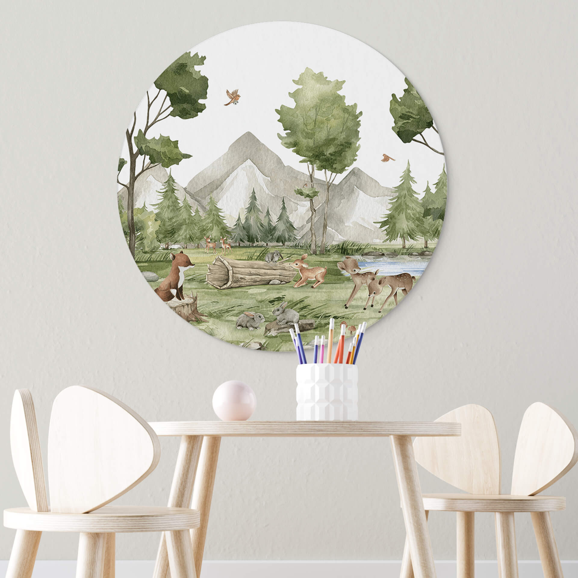 Vægcirkel Oliver Robins - Cute Forest Animals – print på aluminium (Alu-Dibond)