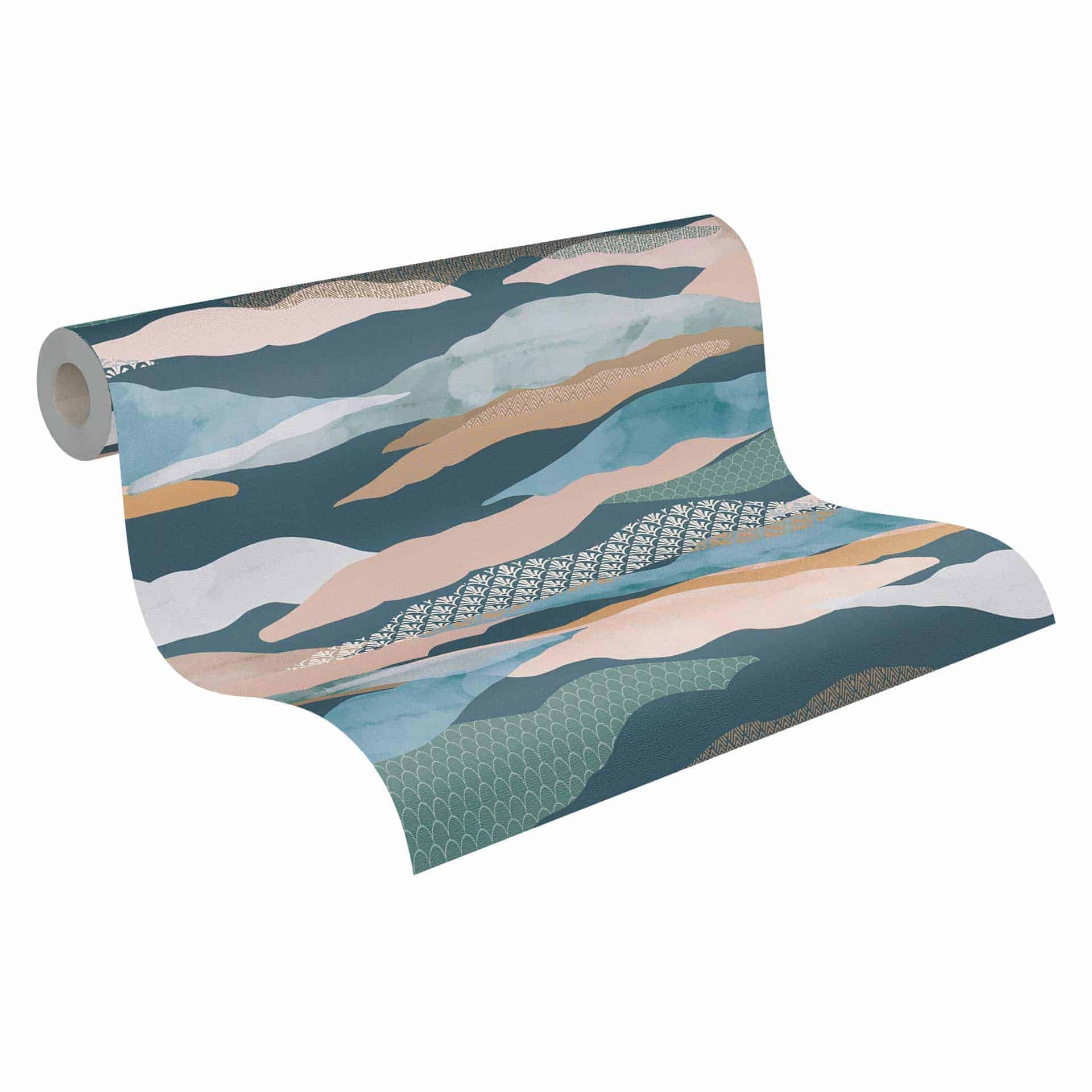 Abstract behang bergen aquarel - Vliesbehang in blauw beige roze - Patroonbehang
