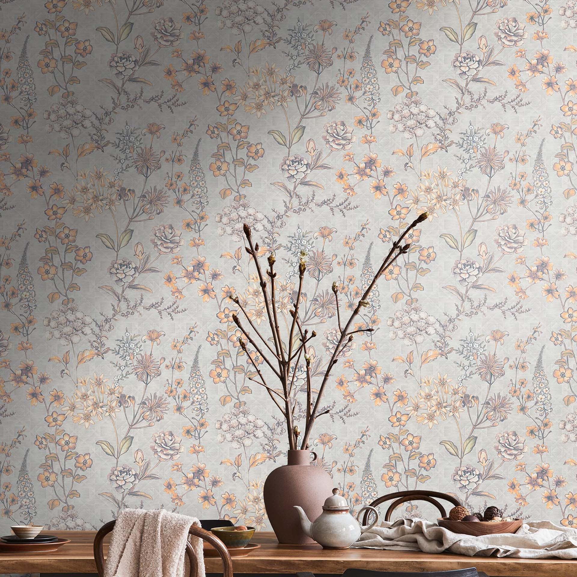 Plattelandshuis behang bladeren, planten, bloemen - vliesbehang grijs oranje bloemen behang vintage