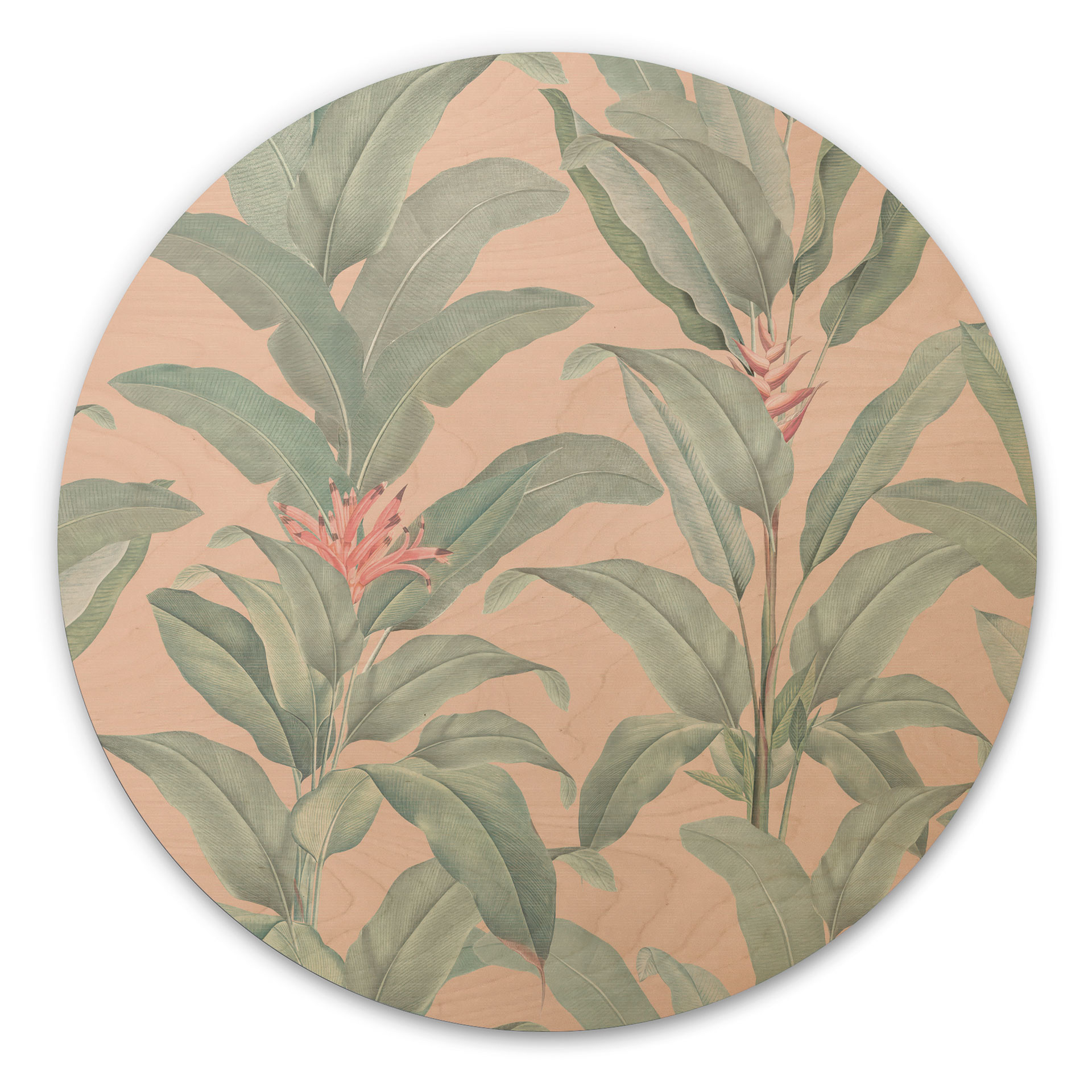 Obraz drewniany Urban Jungle Tropical Leaves Pink - Bloomery Decor - okrągły