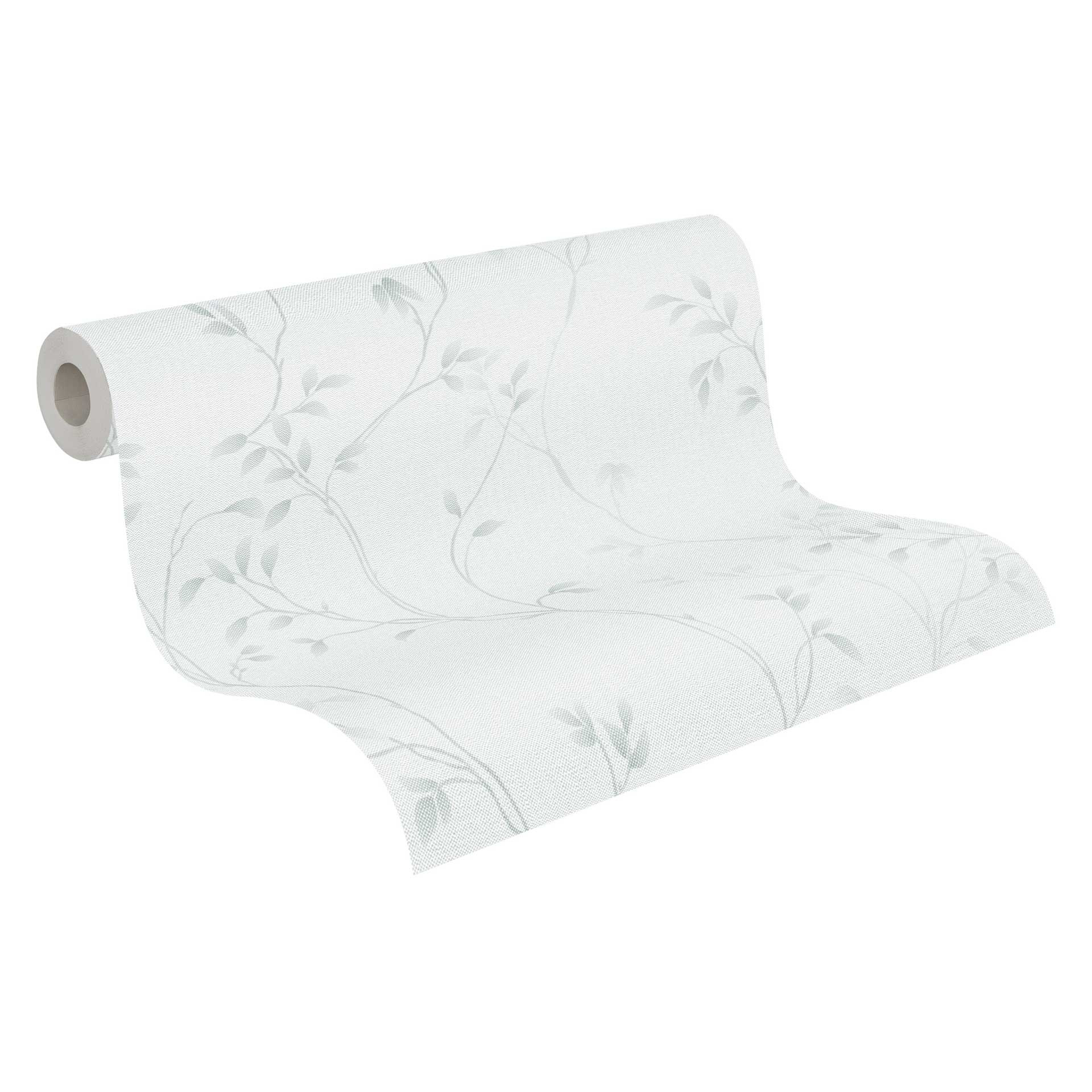 Wit mint bloemenranken behang - Vliesbehang met een delicaat bladmotief