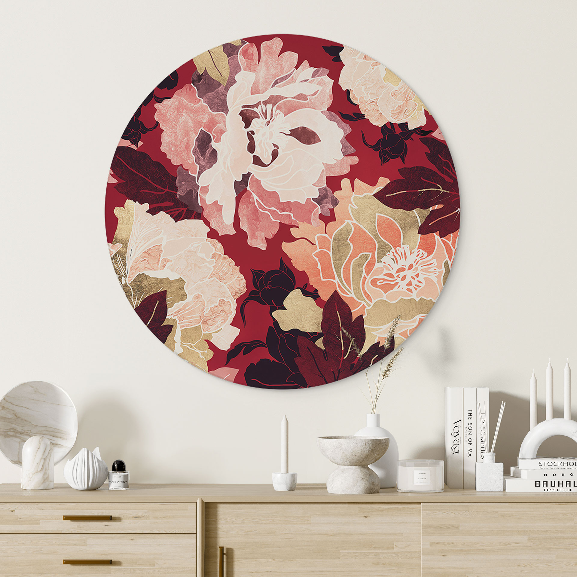 Vægcirkel Pæoner med store blomster - SpaceFrog Designs – print på aluminium (Alu-Dibond)