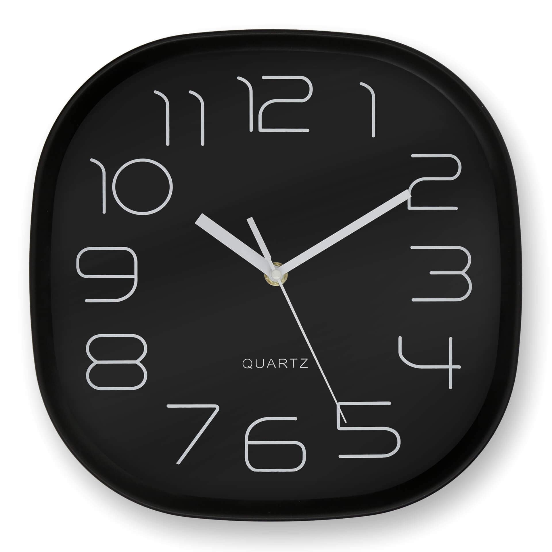 Minimalistische, moderne Wanduhr mit runden Ecken, schwarz | 29x29 cm