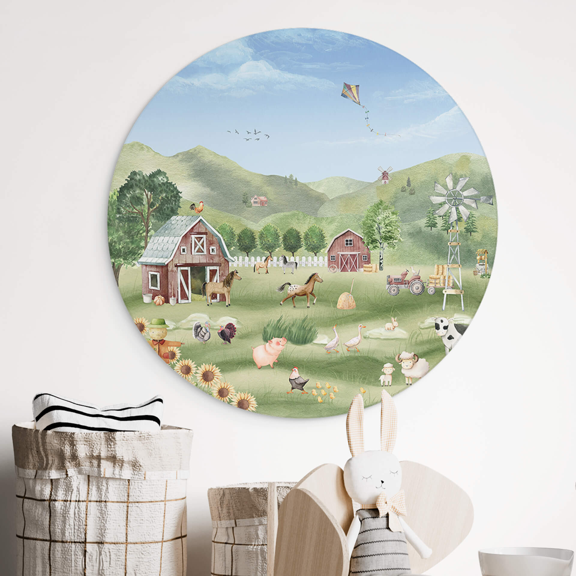 Vægcirkel Oliver Robins - Farverig bondegård med dyr – print på aluminium (Alu-Dibond)