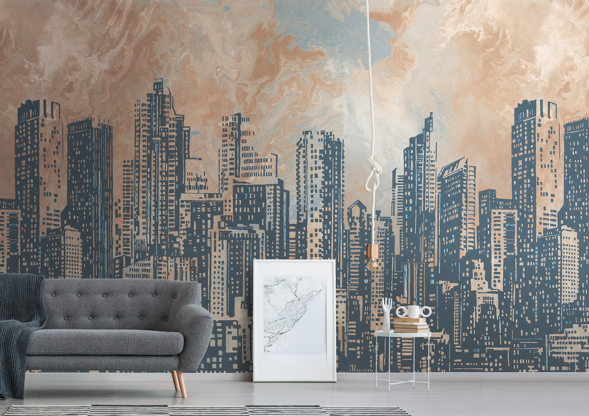 behang skyline oranje grijs - vliesbehang architectuur Livingwalls - mat en glad