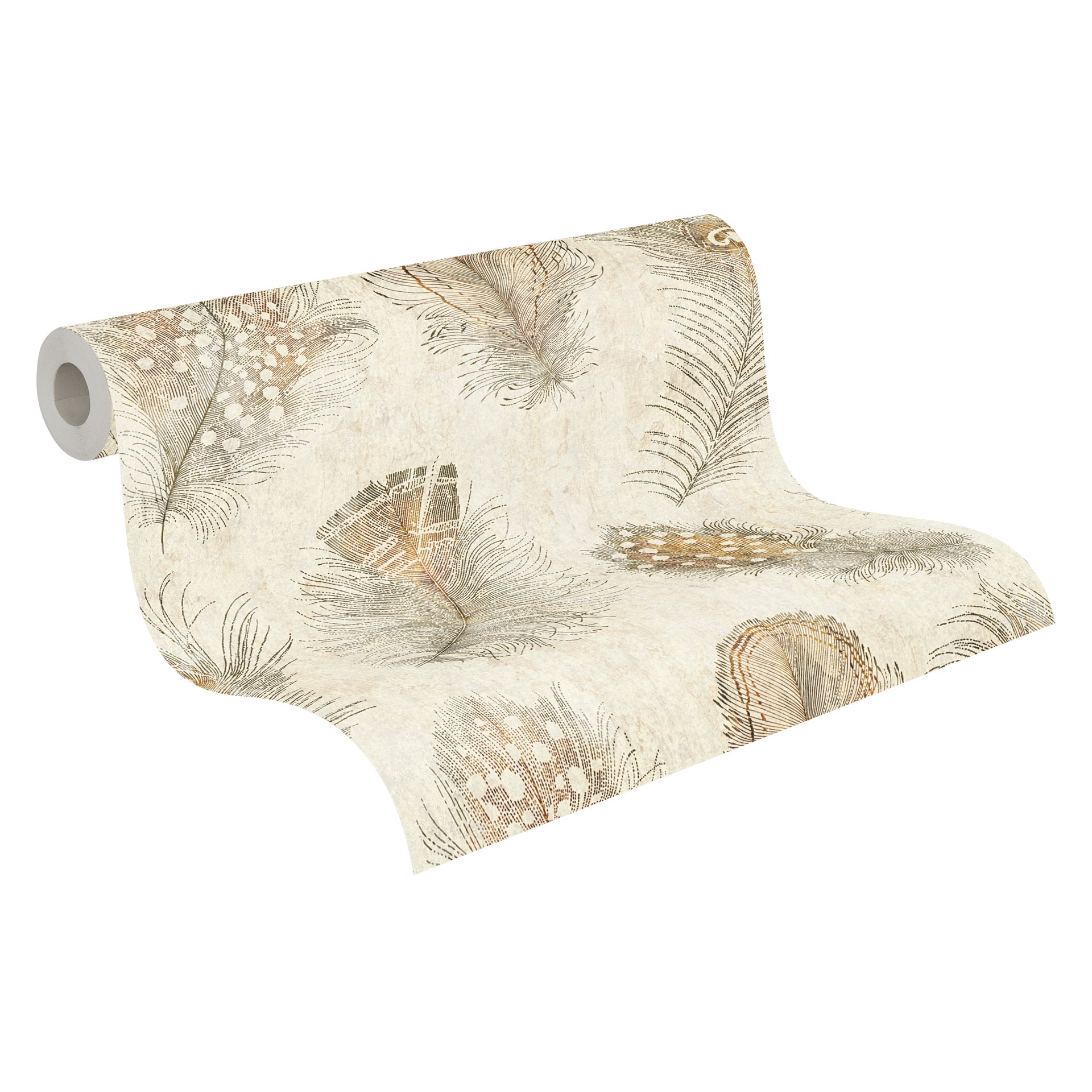 Vliesbehang met verenmotief in beige en bruin op een crèmekleurige achtergrond
