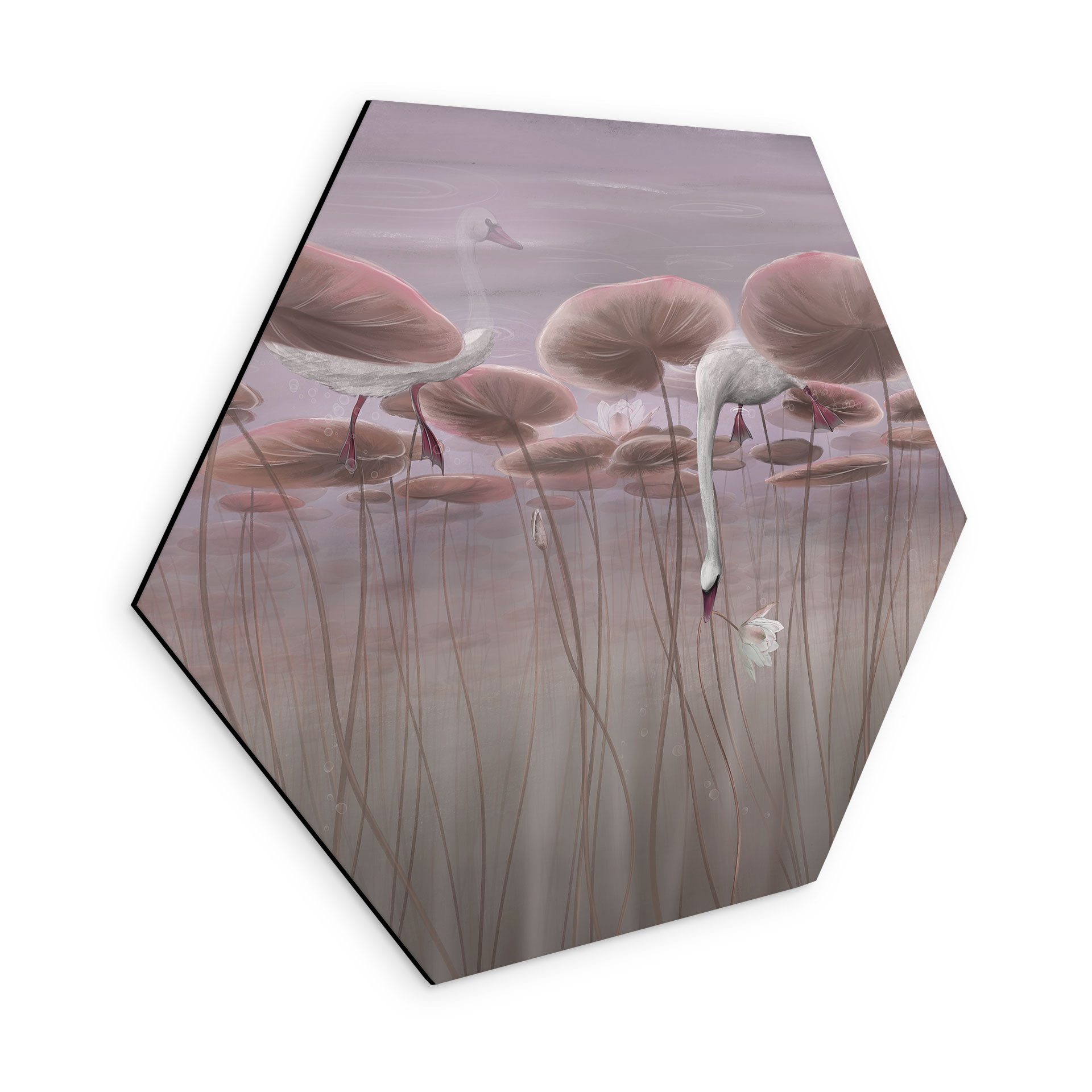 Zeshoek Wanddecoratie lotusbloemen met zwaan in water in schemerroze - Ms Tiff - Alu-Dibond