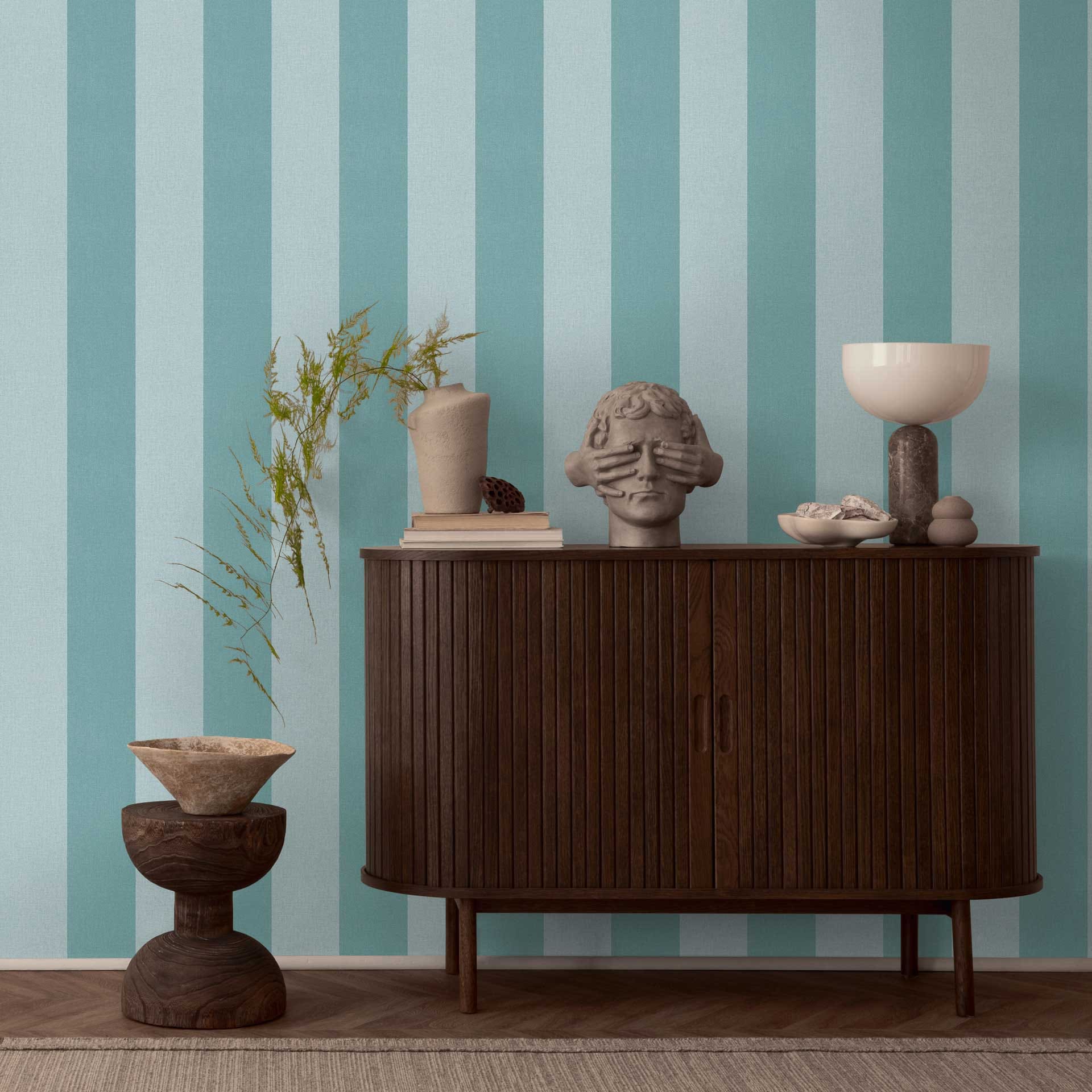 Gestreept behang blauw-groen-lichtblauw - Vliesbehang met textuur in maritieme stijl