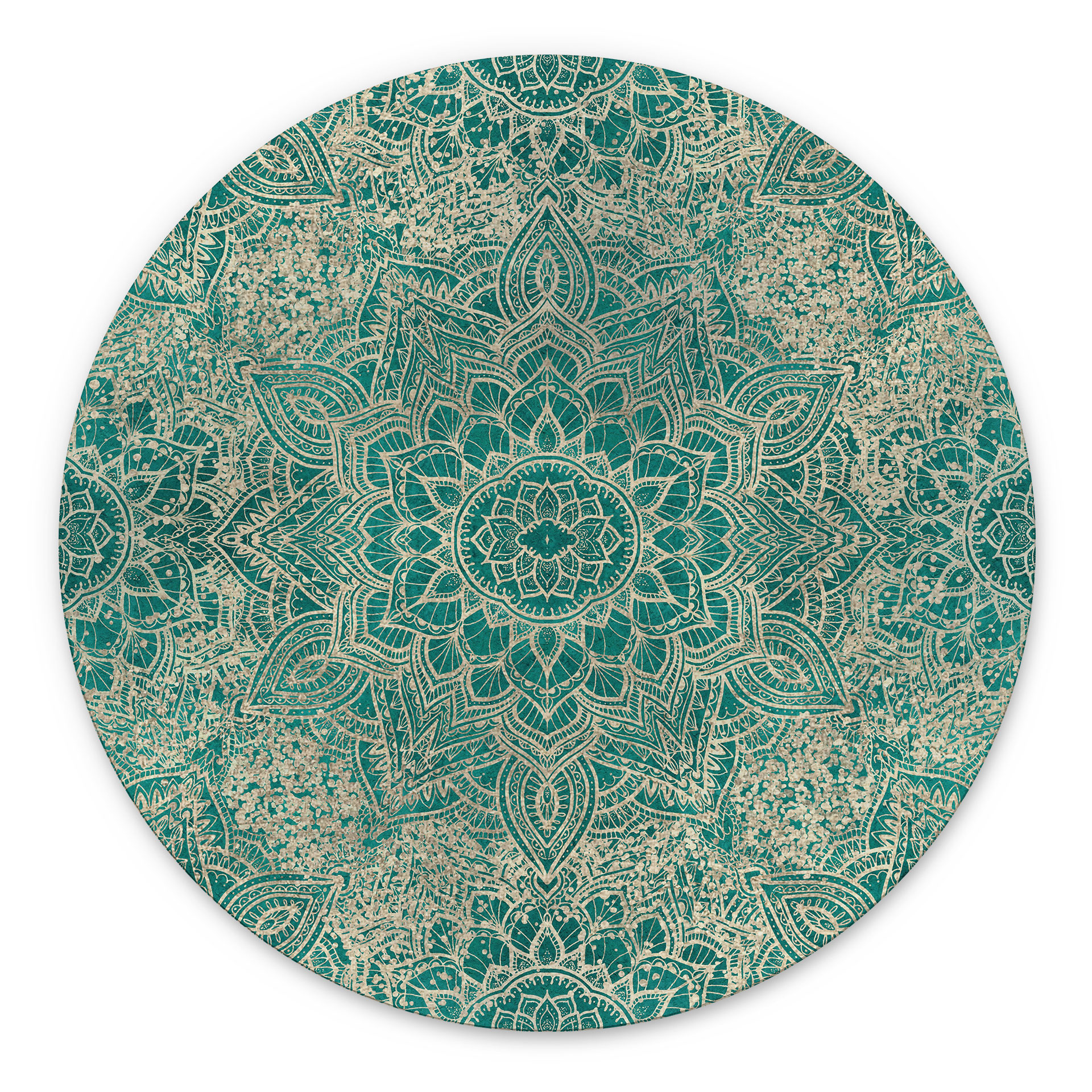 Billede Mandala Boho Guld-grøn - Bloomery Decor - rund – print på aluminium (Alu-Dibond)